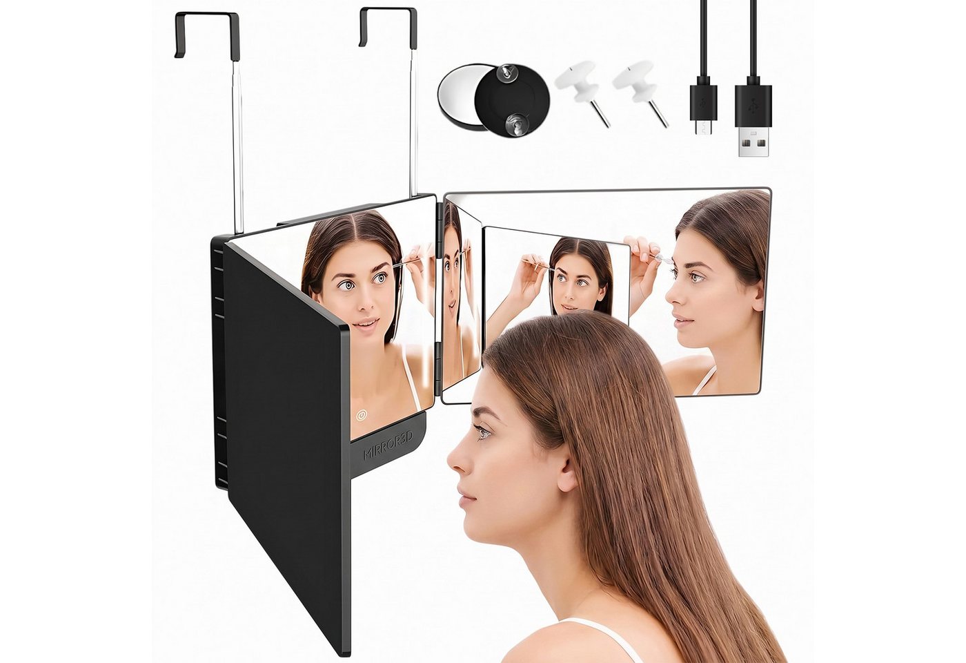 AKKEE Wandspiegel Klappspiegel, 3-seitiges Design mit LED-Beleuchtung, höhenverstellbar, Hängender, dreiseitiger, faltbarer Kosmetikspiegel für Zuhause.