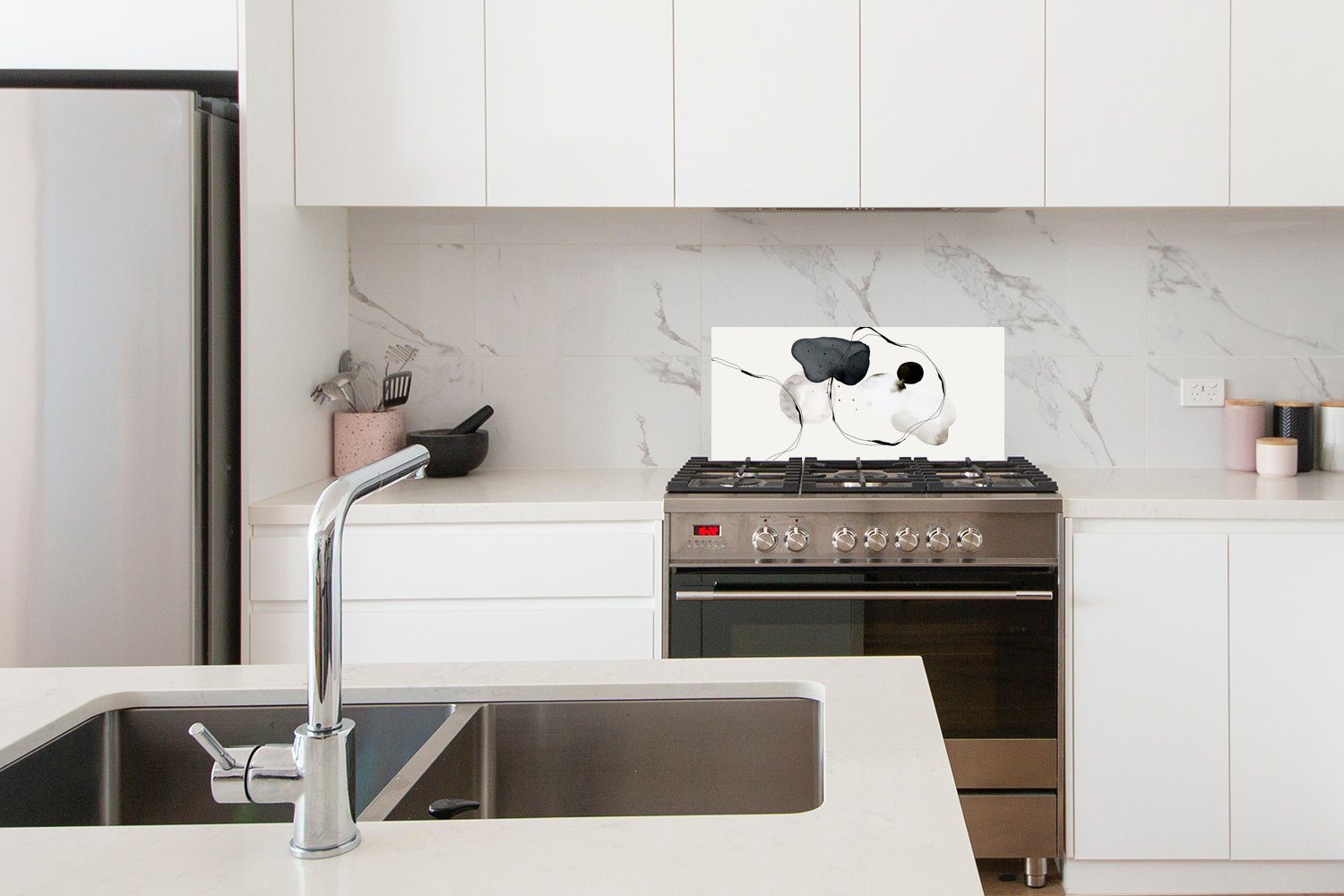 gegen 60x30 MuchoWow - - und cm, Fett Weiß, Schmutzflecken Wandschutz, für (1-tlg), Kunst Schwarz Küchenrückwand und Malerei - Abstrakt Küchen