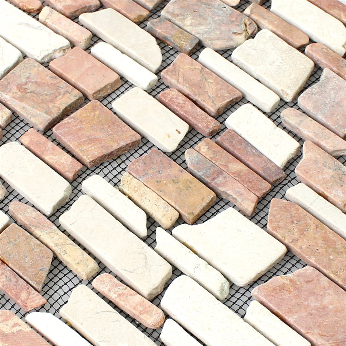 Mosafil Mosaikfliesen Mosaikfliesen Marmor Napola Bricks, Naturstein-Marmor 30.500x30.500, weiß-rot-beige, Verlegefertig auf ein Netz geklebt - Frostsicher - Wasserfest -