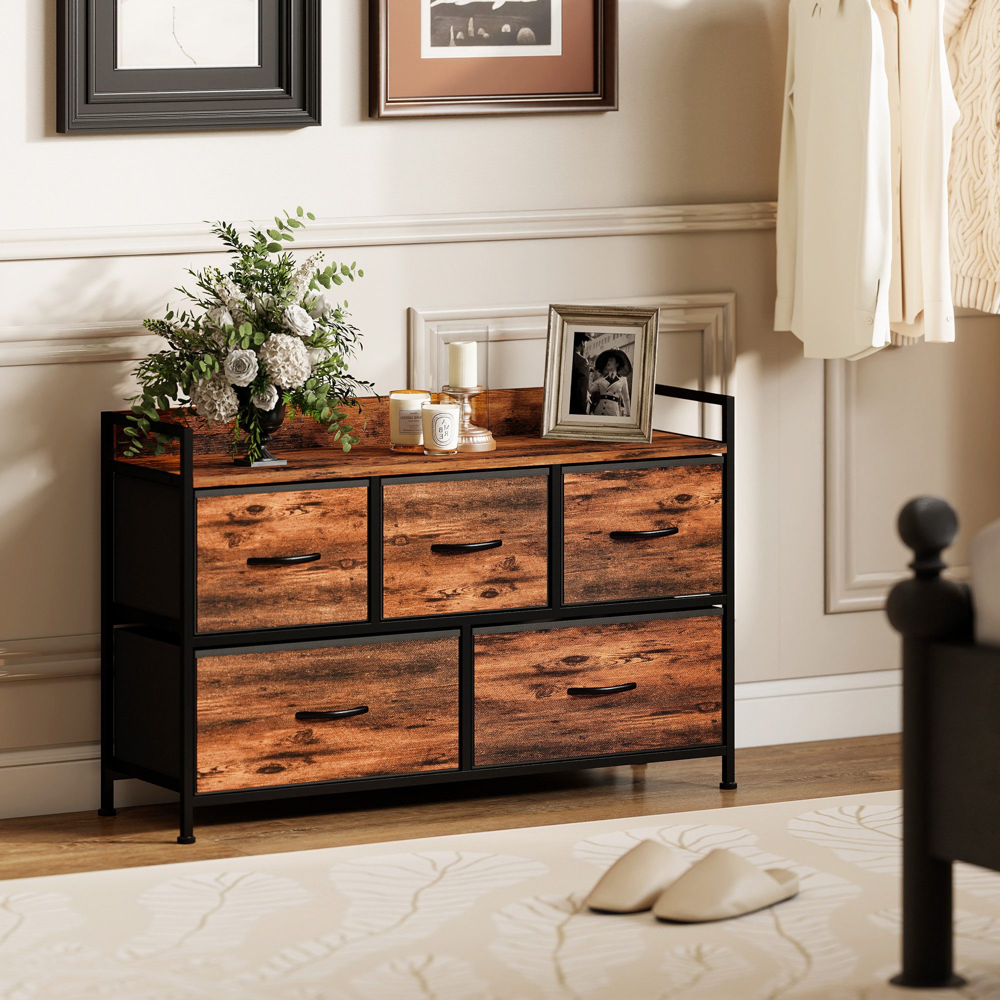 HOMCOM Kommode Aufbewahrungsschrank mit Griffen, Stahlrahmen (Schubladenschrank, 1 St., Комодиschrank), für Schlafzimmer, Wohnzimmer, Rustikal-Braun