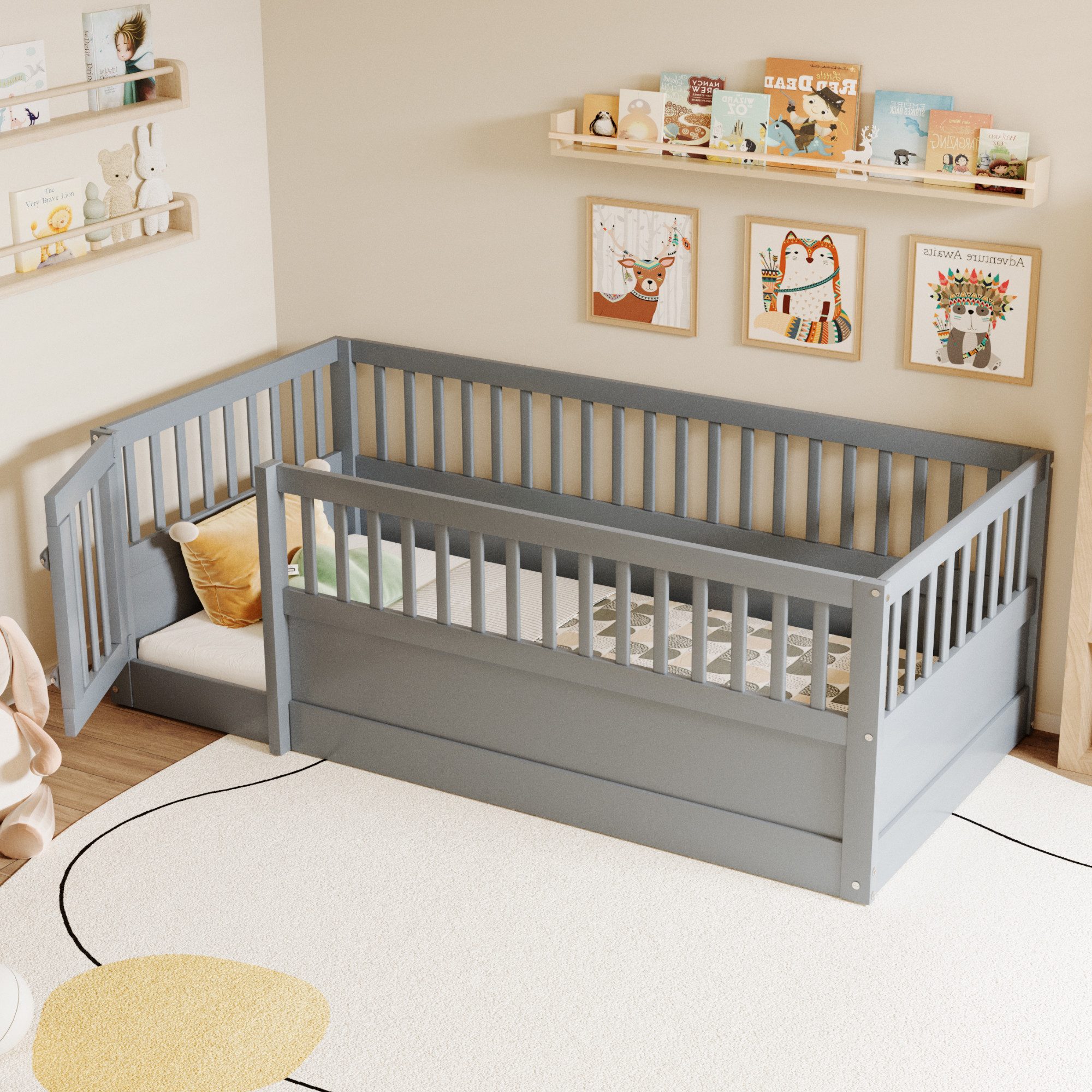 Odikalo Kinderbett Babybett 90x200, Rundum-Absturzschutz (Holzbettgestell mit Gitter und Tür)