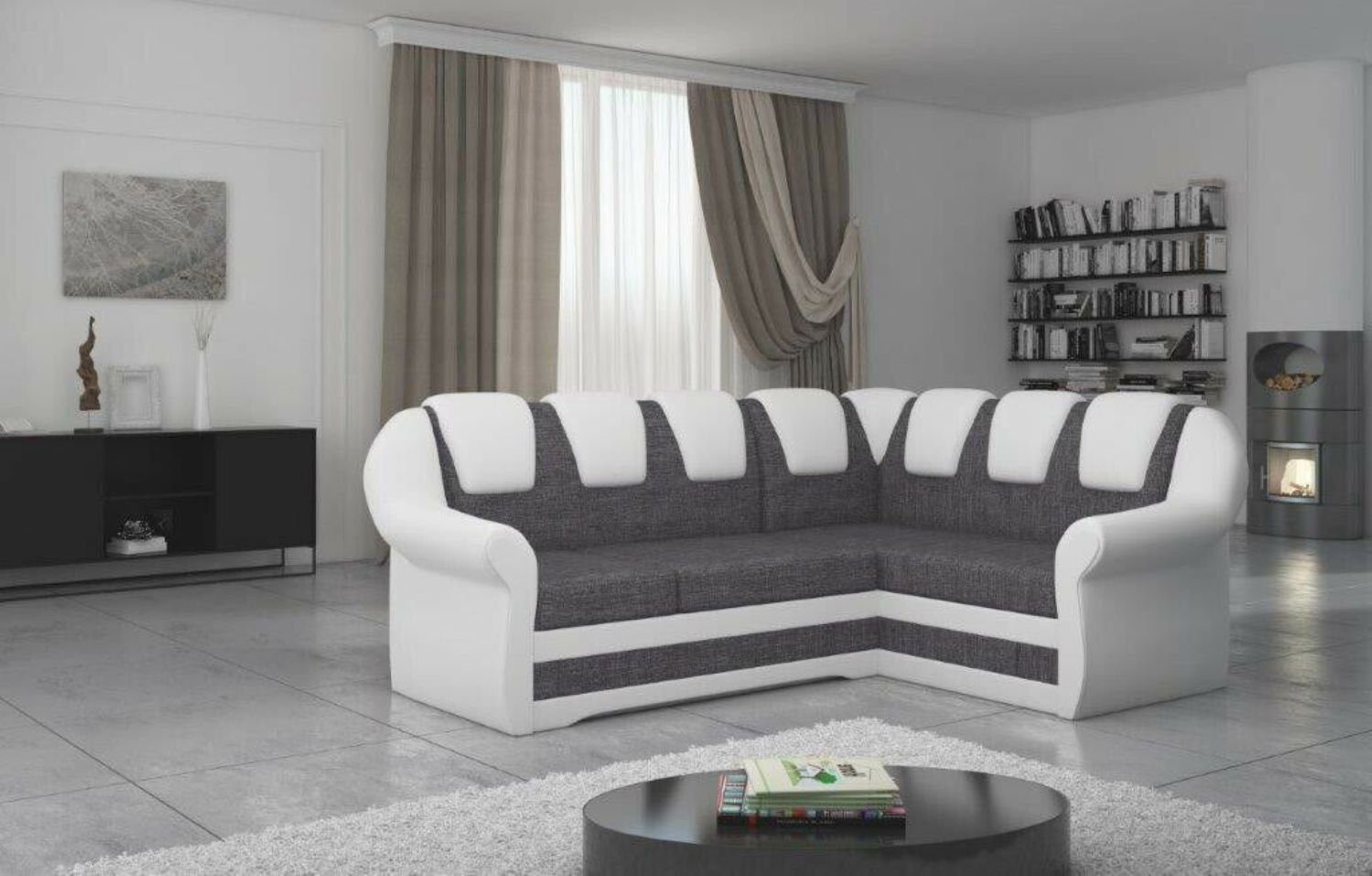 Sofa Ecksofa, Couch Design Bettfunktion Schlafsofa JVmoebel Ecksofa Grau/Weiß