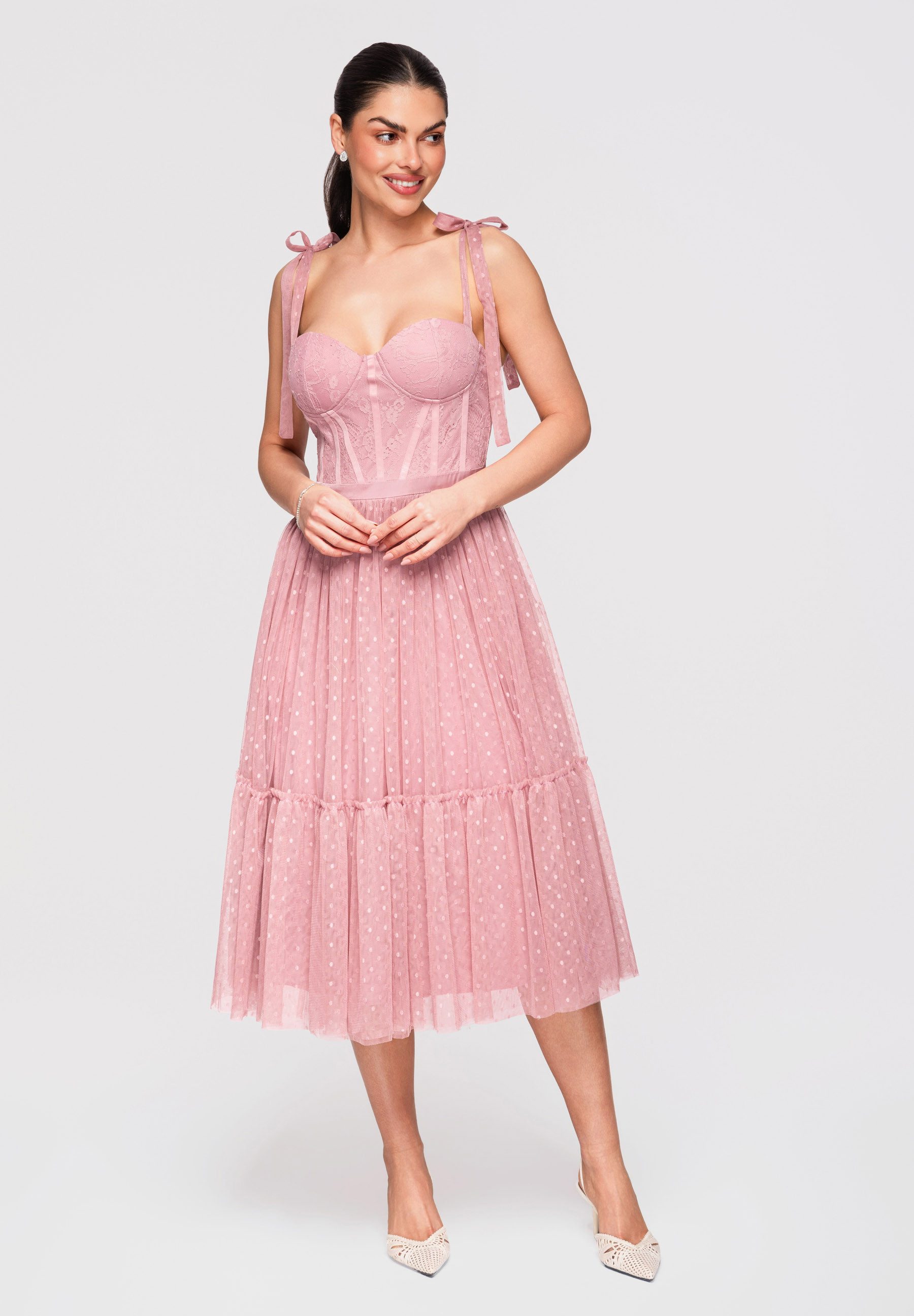 OMBRE Abendkleid Midi Kleid Korsett Cocktailkleid Dark rose L (kein Set, 1-tlg) Geraffter Rock, Korsett-Oberteil, Teiltransparenz