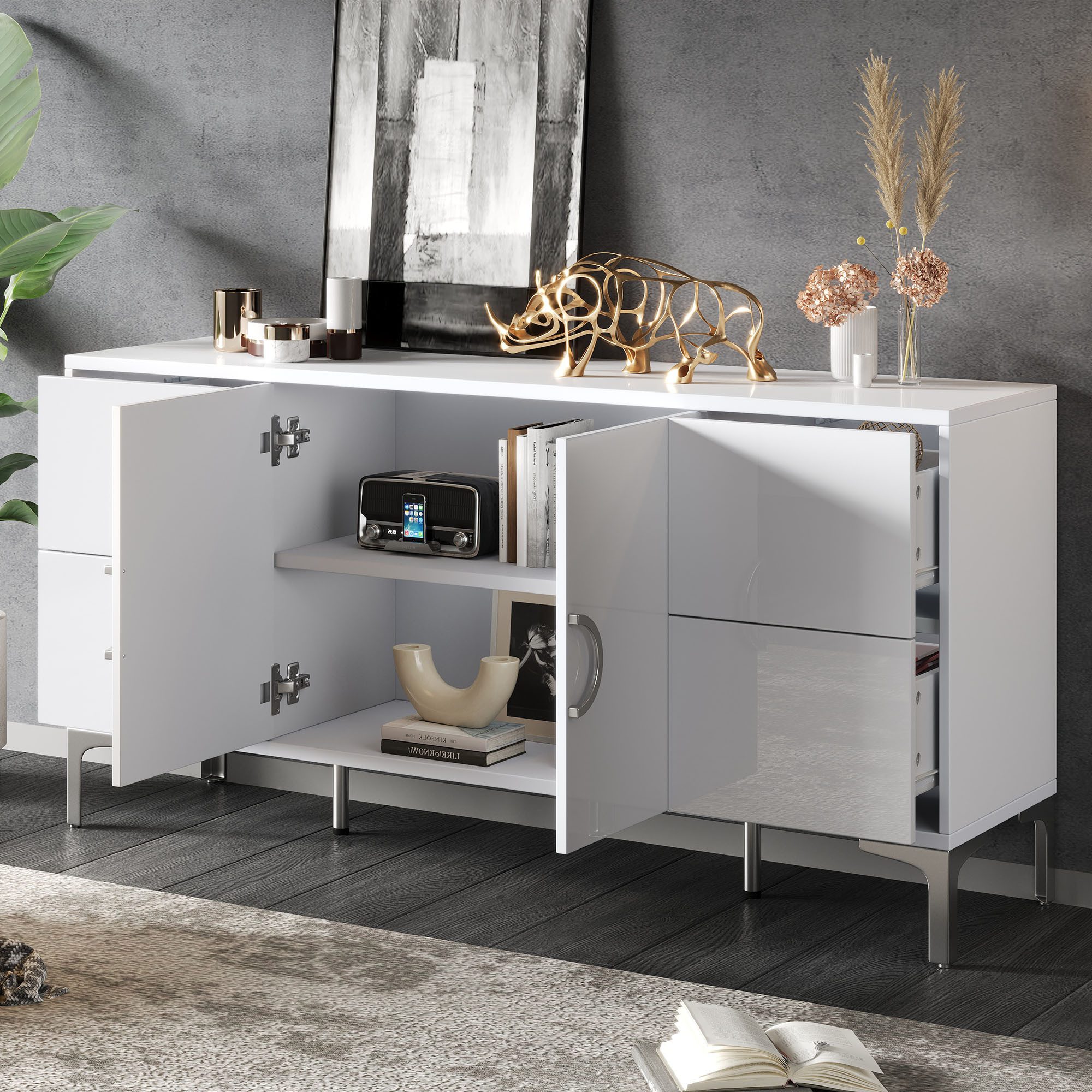 Sideboard Hochglanz grifflos,Buffetschrank für Wohnzimmerschrank Stauraumschrank
