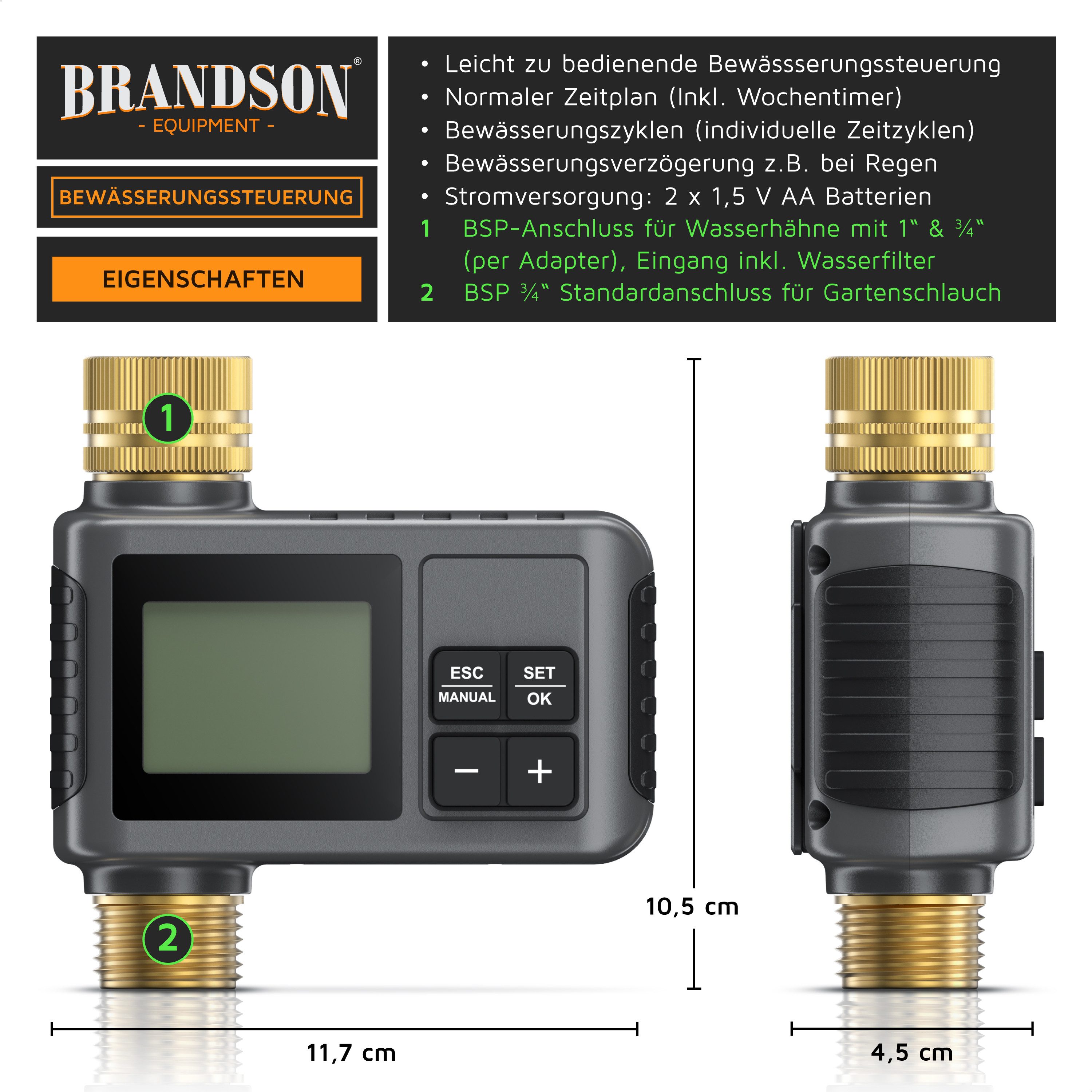 Brandson Bewässerungssteuerung digital mit Display, Bewässerungcomputer, Wasserzeitschaltuhr, Automatische Bewässerung für Balkon Terrasse Garten, IPX5