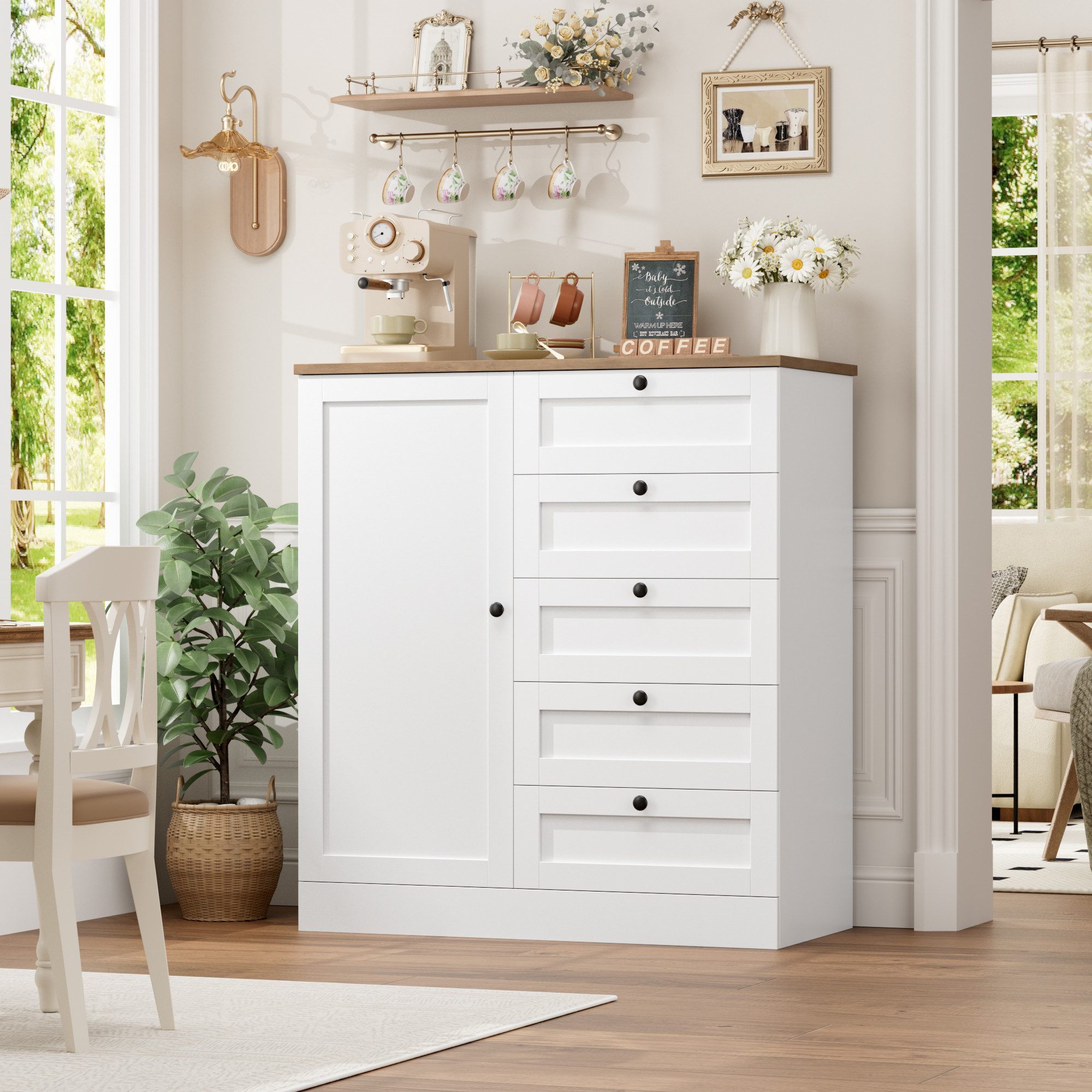 HOMECHO Buffet Weiß Sideboard Küchenschrank mit 1 Türen und 5 Schubladen,85 günstig online kaufen