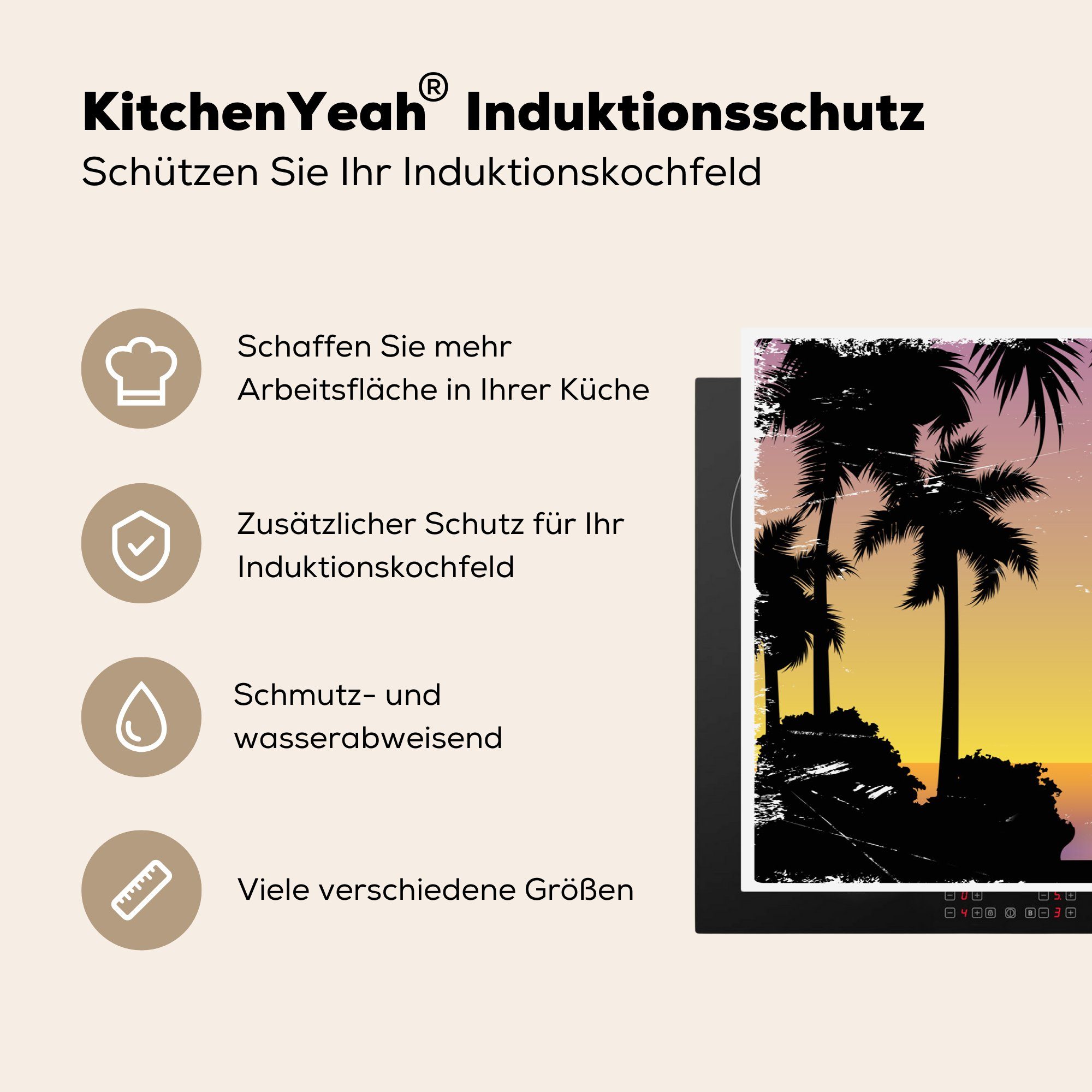 MuchoWow Vinyl, Ceranfeldabdeckung Sonne, - (1 Induktionskochfeld küche, Herdblende-/Abdeckplatte - tlg), für Segelboot die Schutz cm, 81x52 Palme