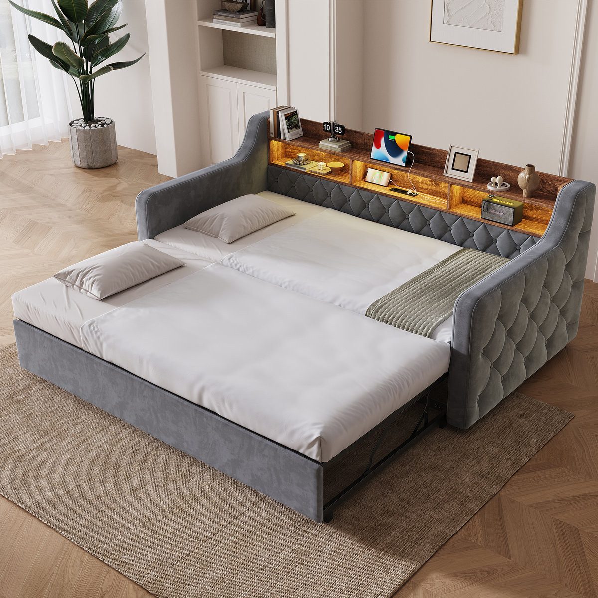Odikalo Schlafsofa Schlafcouch 90x190 LED USB Type-C-Anschluss & Stauraum-Holzkopfteil, Ausziehbett, Samt-Sofabett mit Armlehnen, Lattenrost, Tagesbett für Gästezimmer und Wohnzimmer
