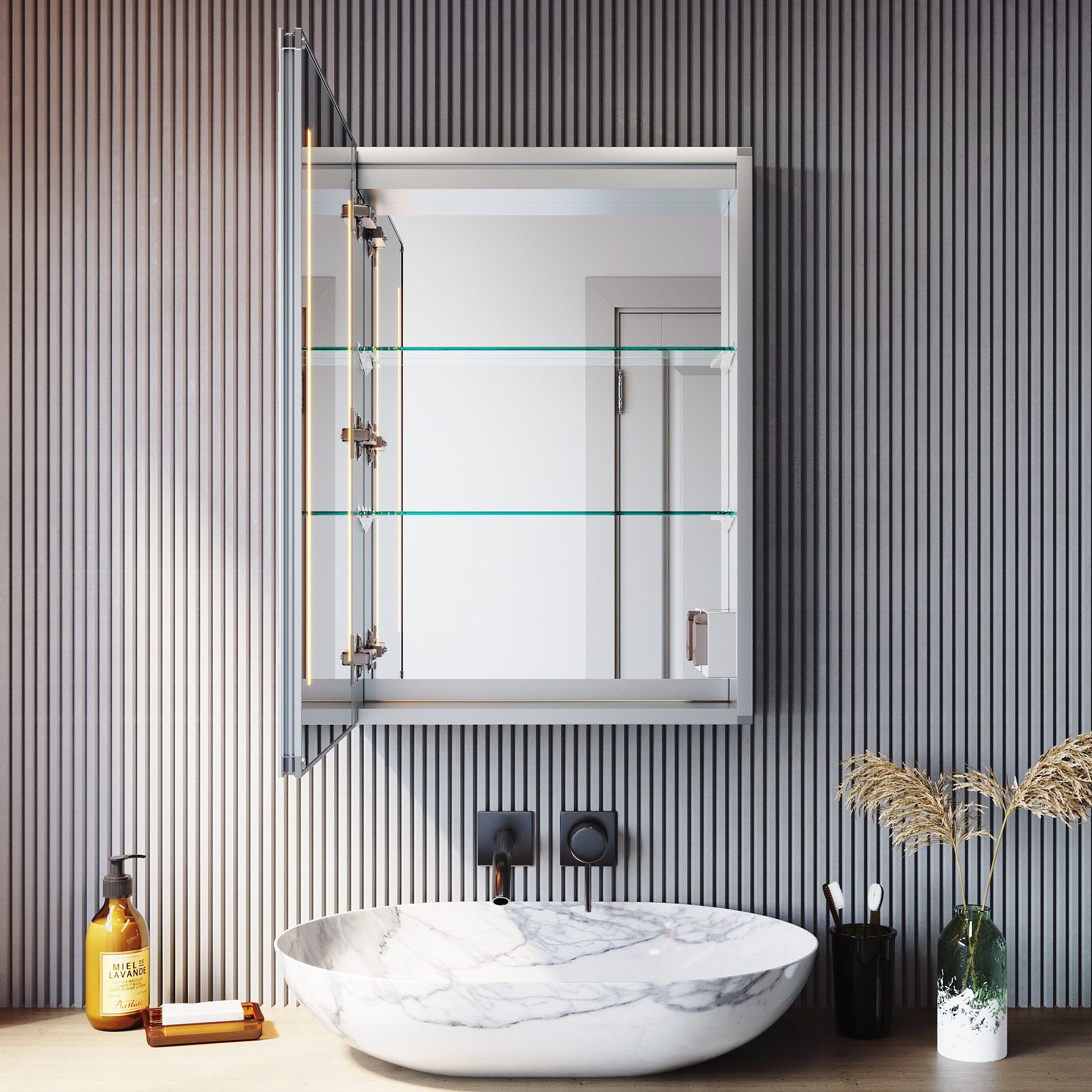 SONNI Spiegelschrank Spiegelschrank bad mit Beleuchtung und Antibeschlag-Funktion Aluminium mit Touch-Bedienung und integrierter Rasierersteckdose