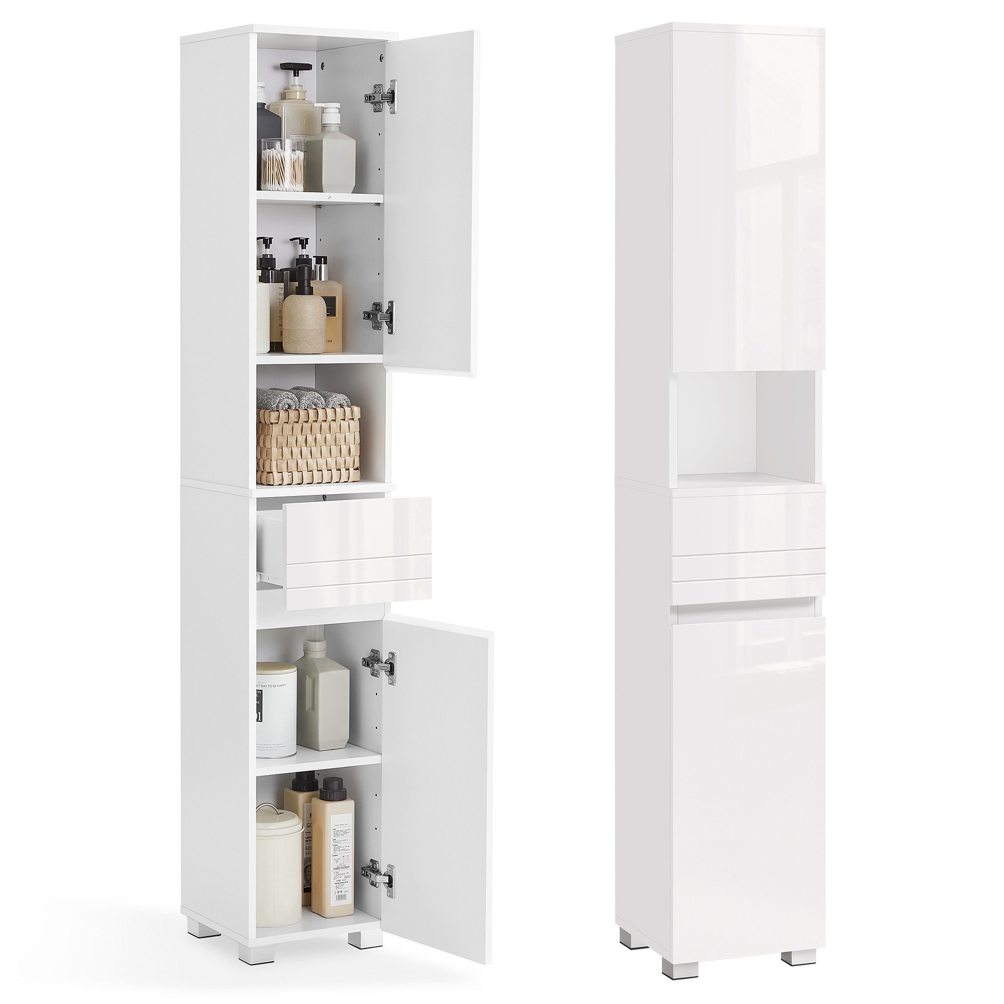 VASAGLE Badkommode Badezimmerschrank Badschrank verstellbare Ablagen, 30 x 30 x 170 cm, mit Einer Schublade, Badezimmermöbel, offenes Fach