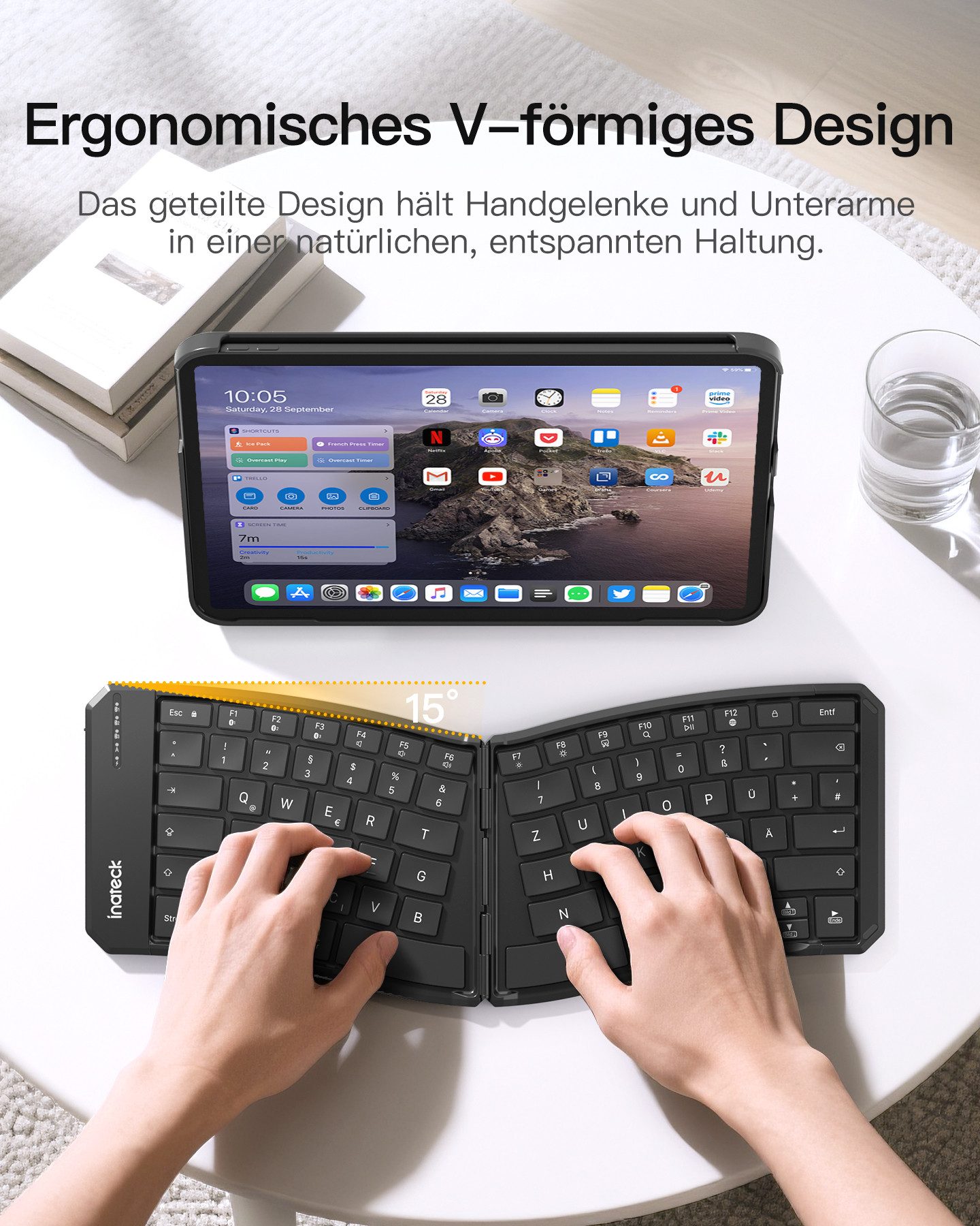 Inateck Faltbare Tastatur Ergonomische, Dual-Fold Magnetic, mit 3 BT Wireless-Tastatur (für Windows, iPad OS, Android, iOS)