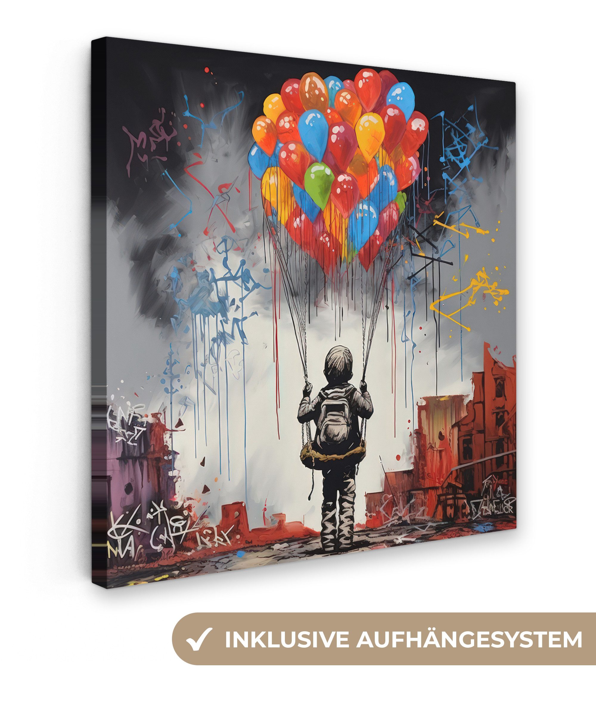 OneMillionCanvasses® Leinwandbild Junge - Luftballons - Bauwerke - Kunst, F günstig online kaufen