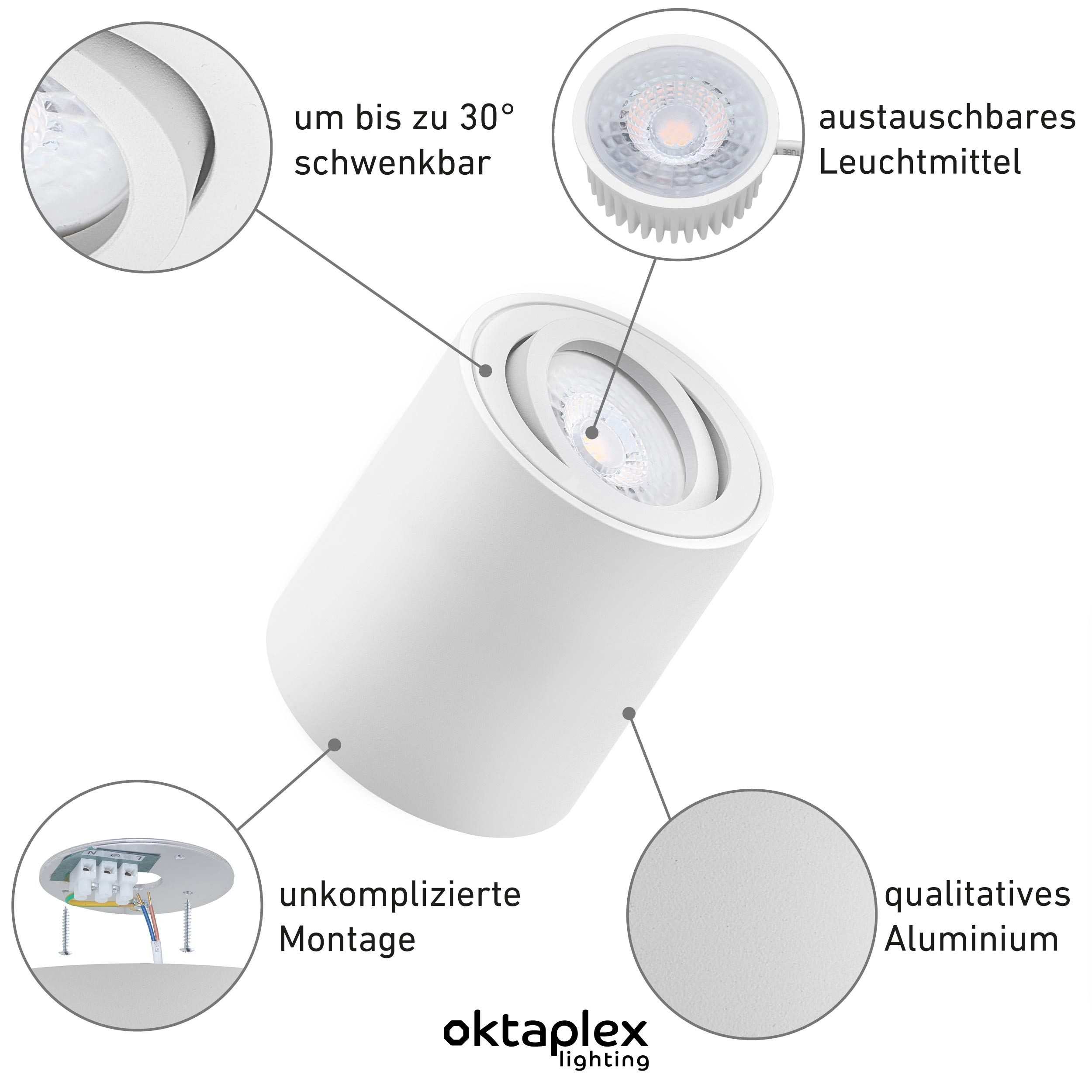 Oktaplex lighting LED Deckenstrahler Lile M Aluminium Aufbaustrahler weiß, schwenkbar, Leuchtmittel wechselbar, warmweiß, 3000 Kelvin 230V Höhe 80mm weiß