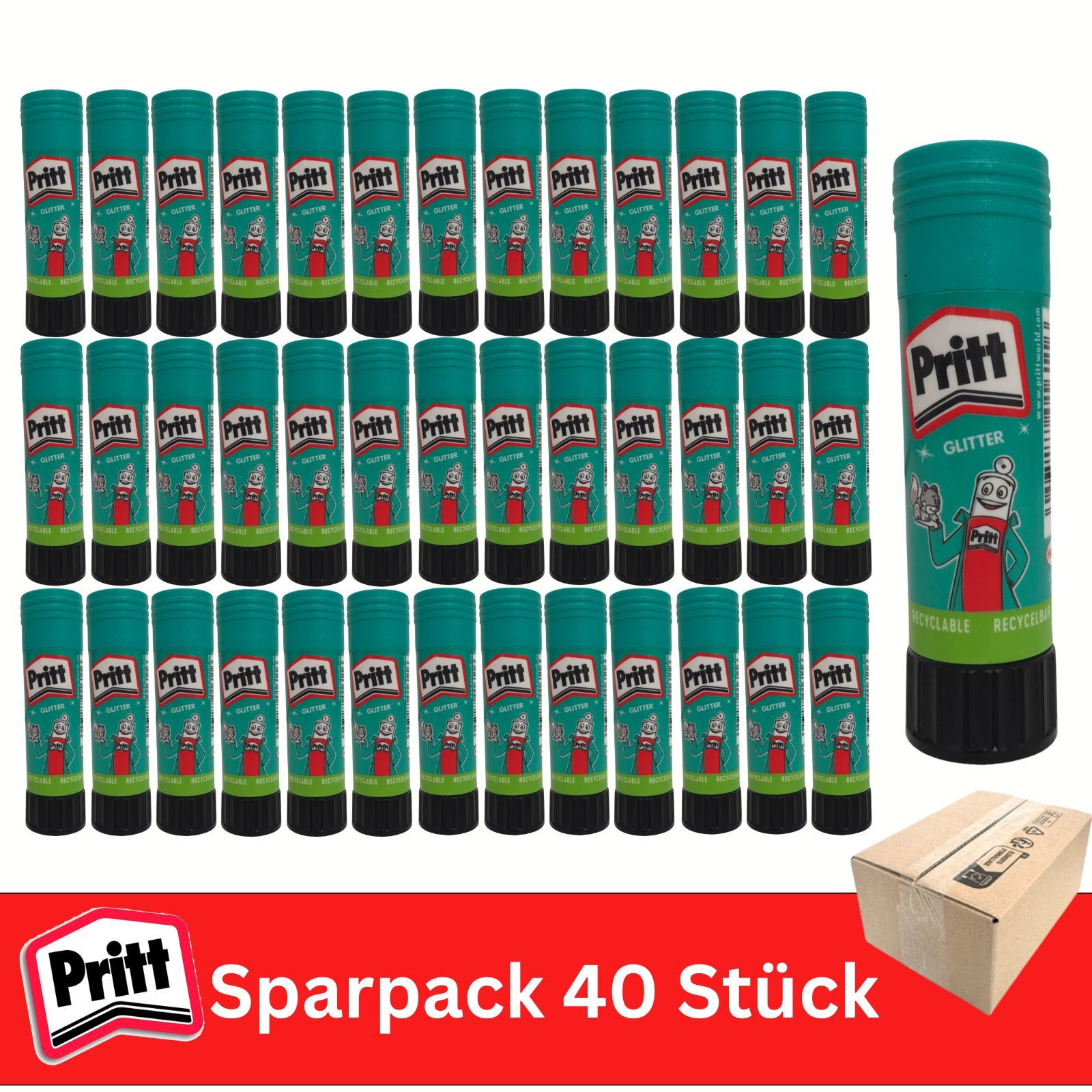 PRITT Klebestift Pritt Glitter Klebestifte Grün 40 Stück 20 g Sparpack / Großpack, (Multipack, 40-tlg)