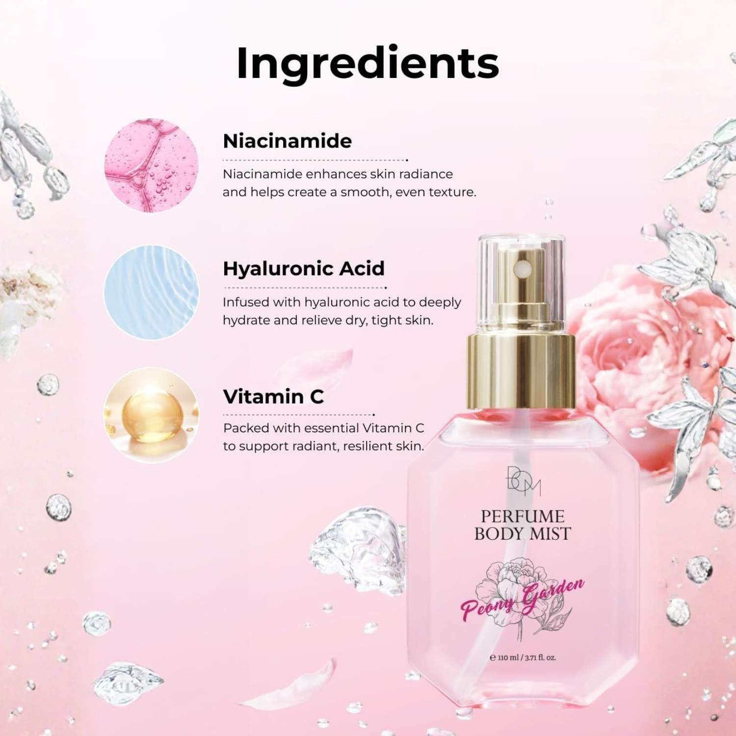 Beauty of Majesty Körperspray Peony Garden Perfume Body Mist 110ml – Pflegendes Körperparfüm mit, Pfingstrosenduft, Hyaluronsäure, Niacinamid & Ceramid NP