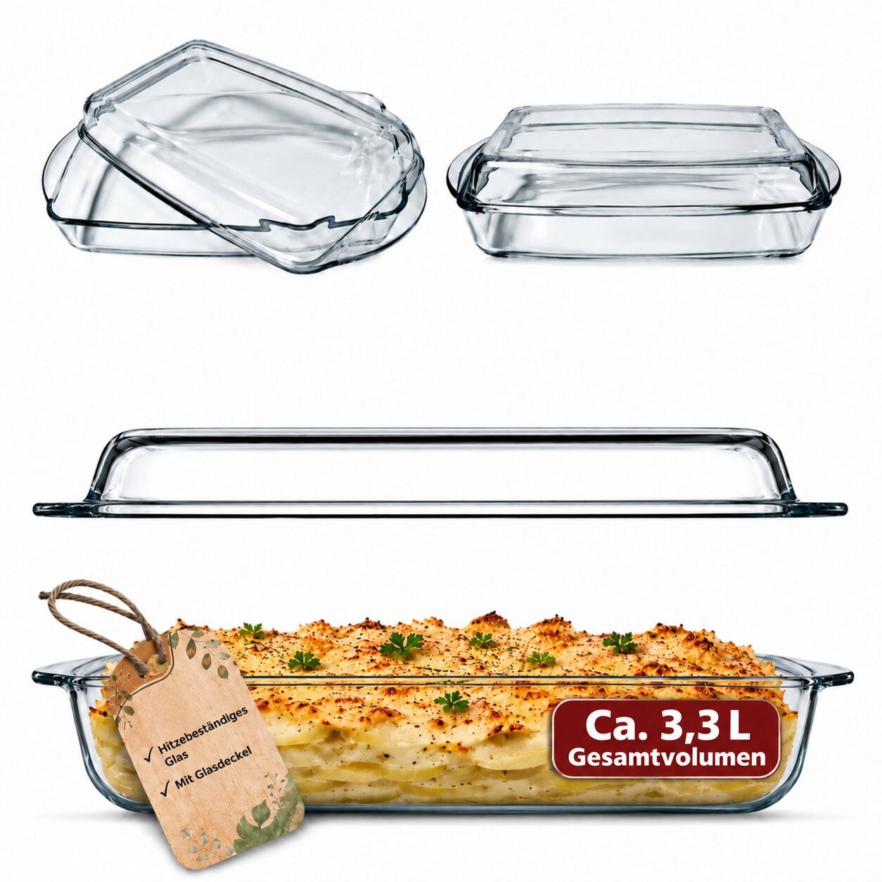 BigDean Auflaufform Rechteckige Glas-Auflaufform mit Deckel & Griffen Glasbräter, Glas, (2-St), 3,3 l, Geruchs- und geschmacksneutral, Temperaturbeständig, Kratzfest