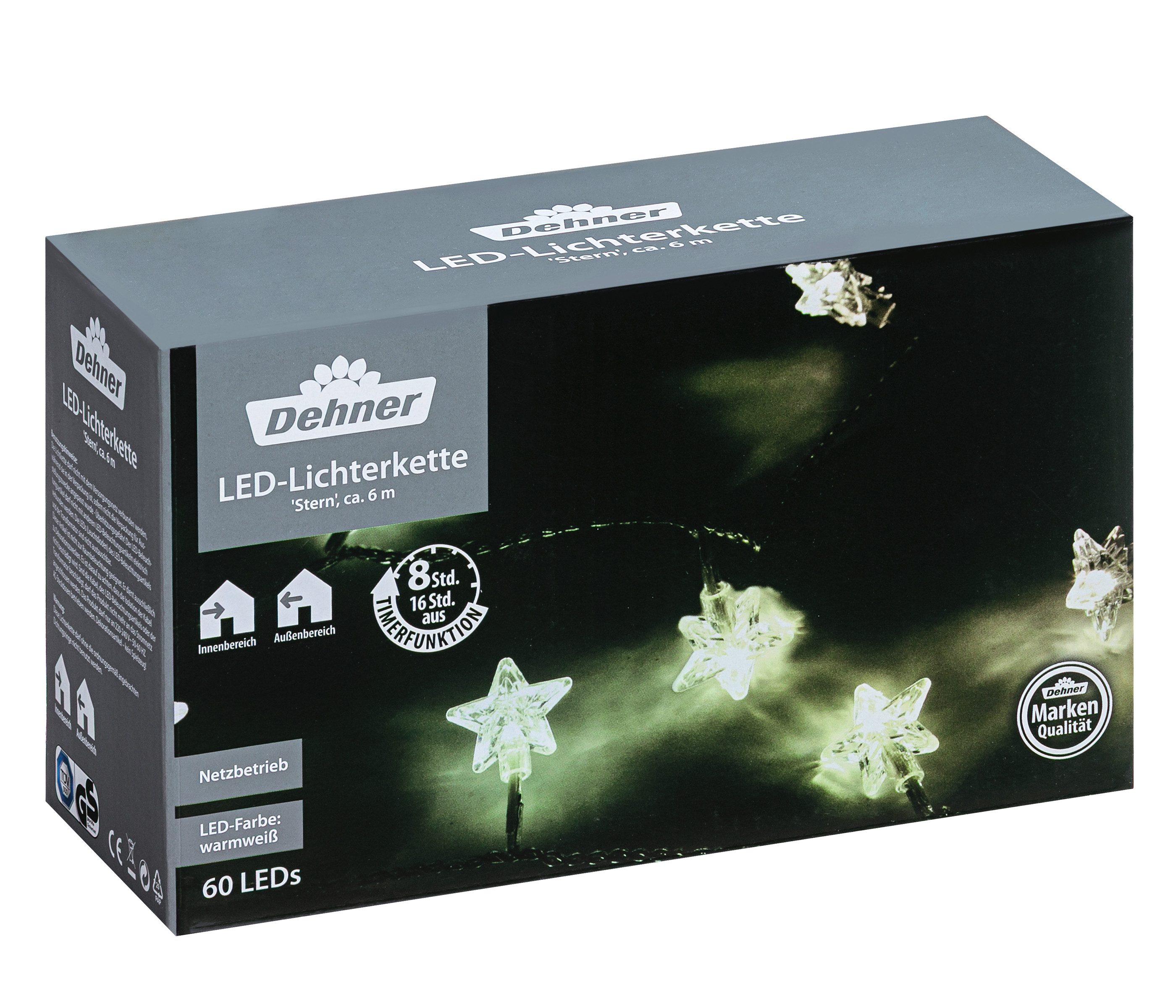 Dehner Lichterkette LED Lichterkette Stern, 60 LEDs, 590 cm, 3.6 W, Warmweiß, robust für Innen / Außen, Timerfunktion