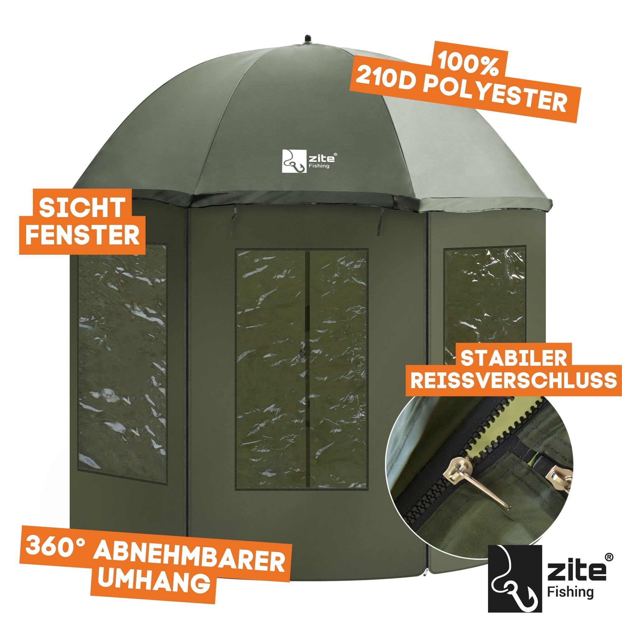 Zite Angelschirm Schirmzelt geschlossen 250 cm - Karpfen Angelzelt mit Fenstern