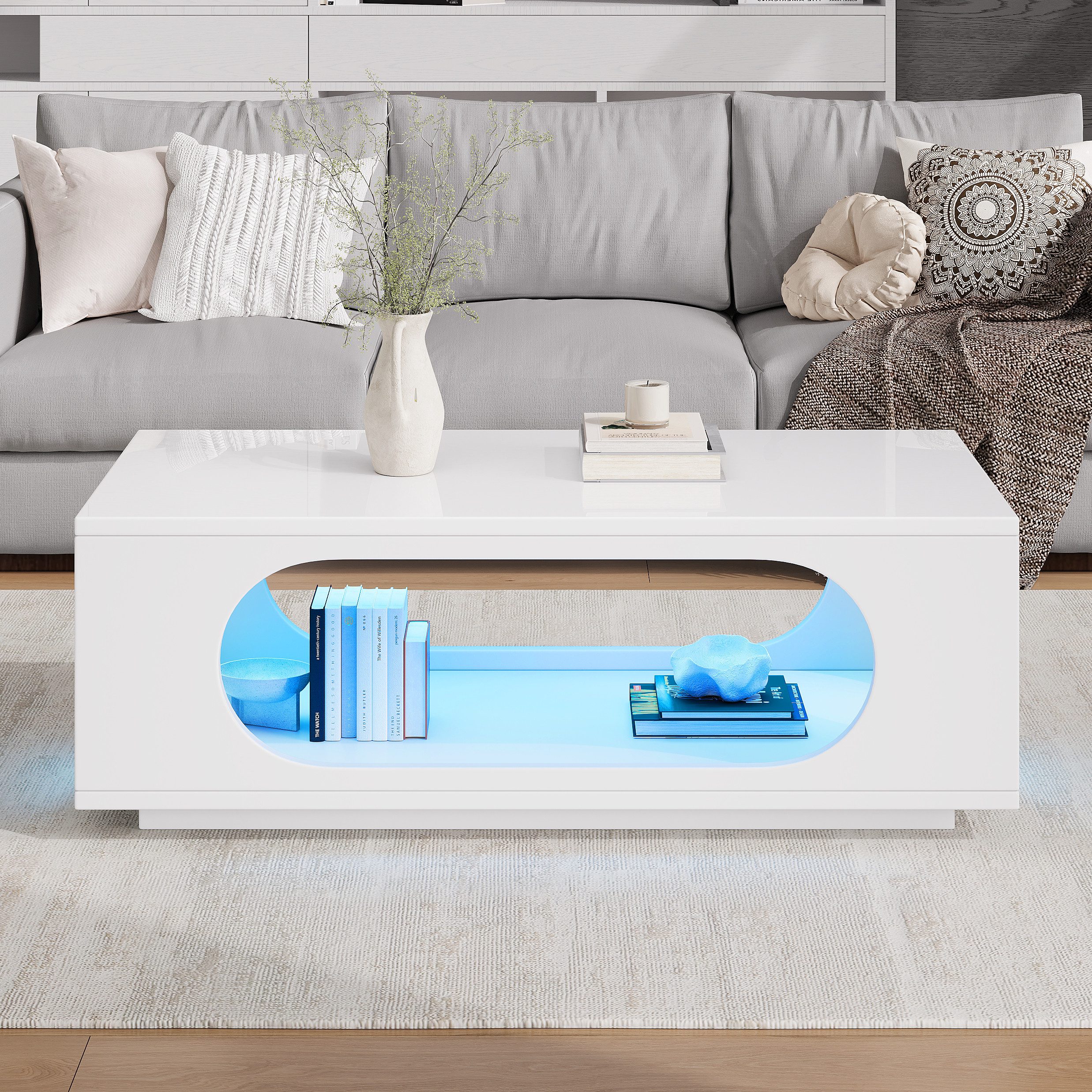 Celya Couchtisch Sofatisch Beistelltisch mit App-Steuerung LED-Beleuchtung (Hochglänzender, durchbrochener mit großem Stauraum), ideal für Wohnzimmer, Gaming-Bereich oder Homeoffice