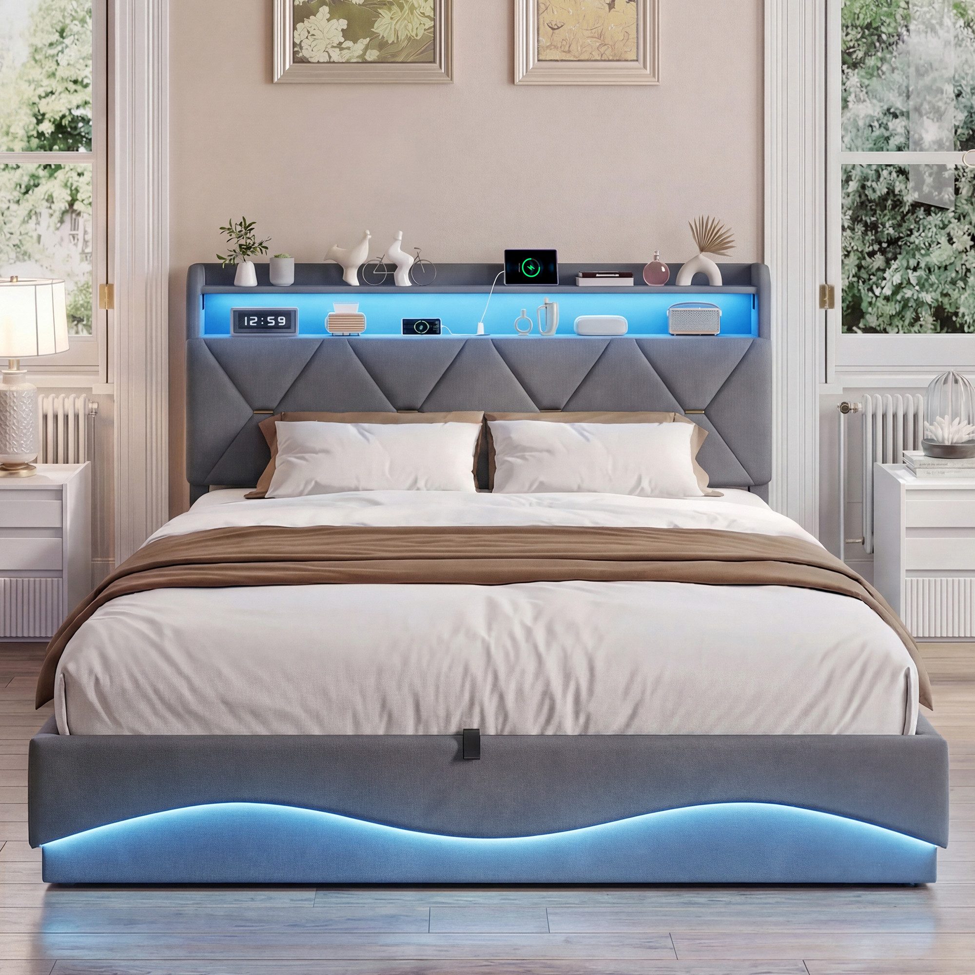 ADWOLT Polsterbett Doppelbett Stauraumbett Mit LED-Licht und USB (Packung, 1-tlg., Bettgestell mit LED-Beleuchtung und USB-Ladefunktion), 160x200 cm,Mit Bettkasten,Verstellbare LED-Leuchten,Samtstoff-Beige