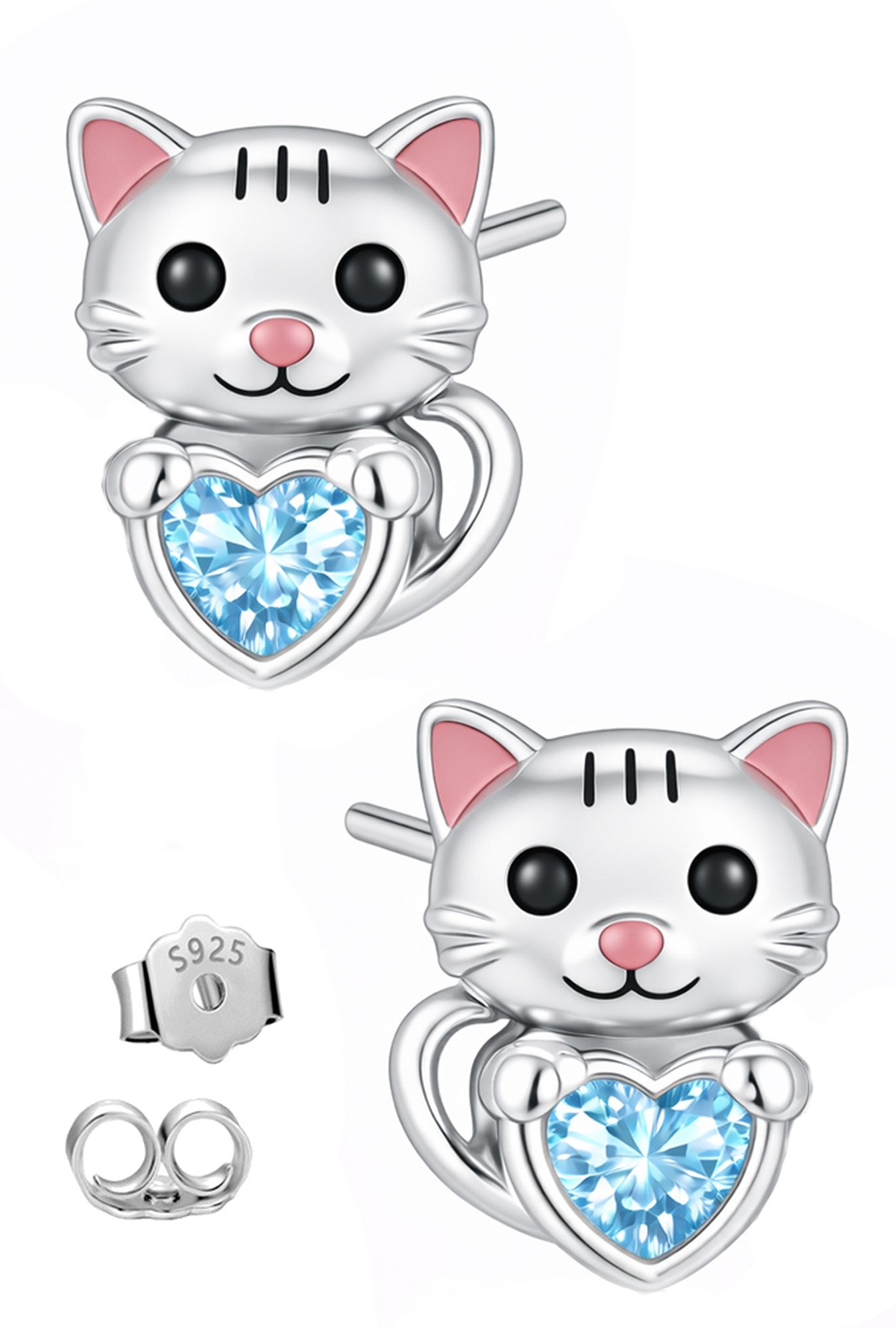 Limana Paar Ohrstecker Kinder Mädchen Katzen Ohrringe 925 Silber – Kinderschmuck (inkl. Dose Silberschmuck Echtschmuck Schmuck Geschenk für Geburtstag), Ostern Einschulung Schulanfang Nikolaus Kommunion Weihnachten