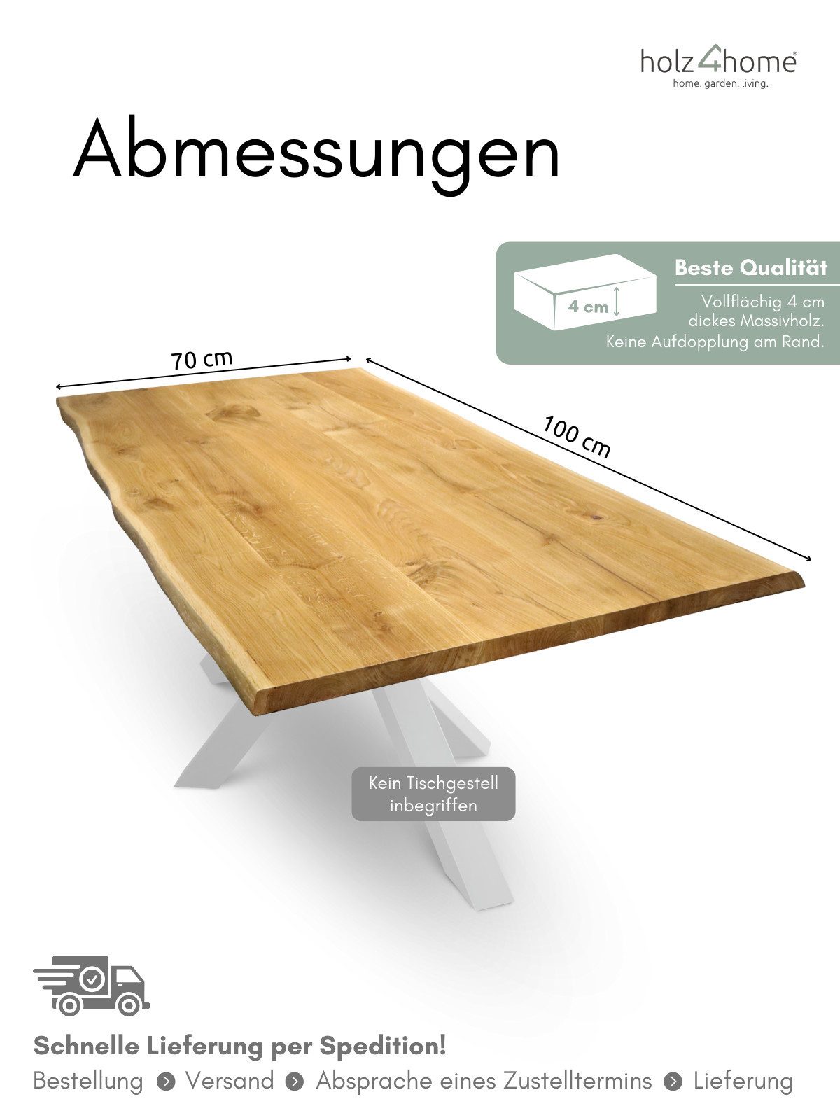 holz4home® Esstischplatte Massivholz Eiche mit Baumkante I Massivholzplatte Natur Geölt Echtholz, Vollflächig 4cm dickes Massivholz