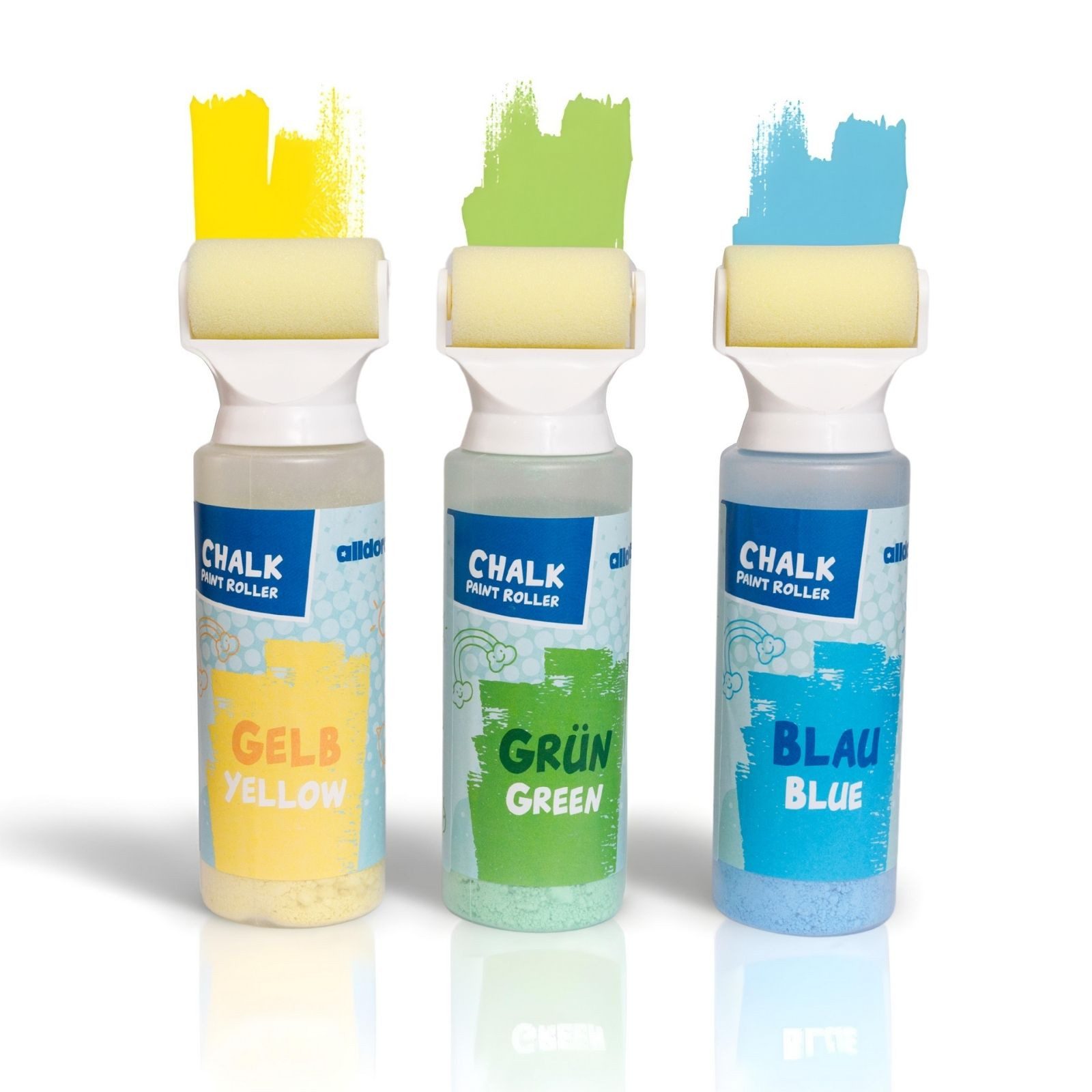 alldoro Malkreide Straßenmalkreide-Roller, 3er Set, flüssige Kreidefarbe ohne Flecken, Straßenkreide, Kreidepulver in grün, blau & gelb zum Malen auf Asphalt
