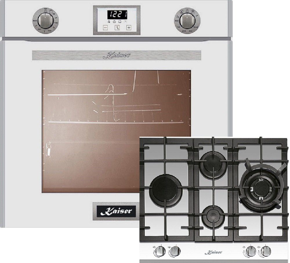 Kaiser Küchengeräte Gasherd-Set EG 6374 W + KCG 6394 W, mit 1-fach-Teleskopauszug, Gas Backofen 60cm in Weiß, 79 L+Gas-Kochfeld 60 cm