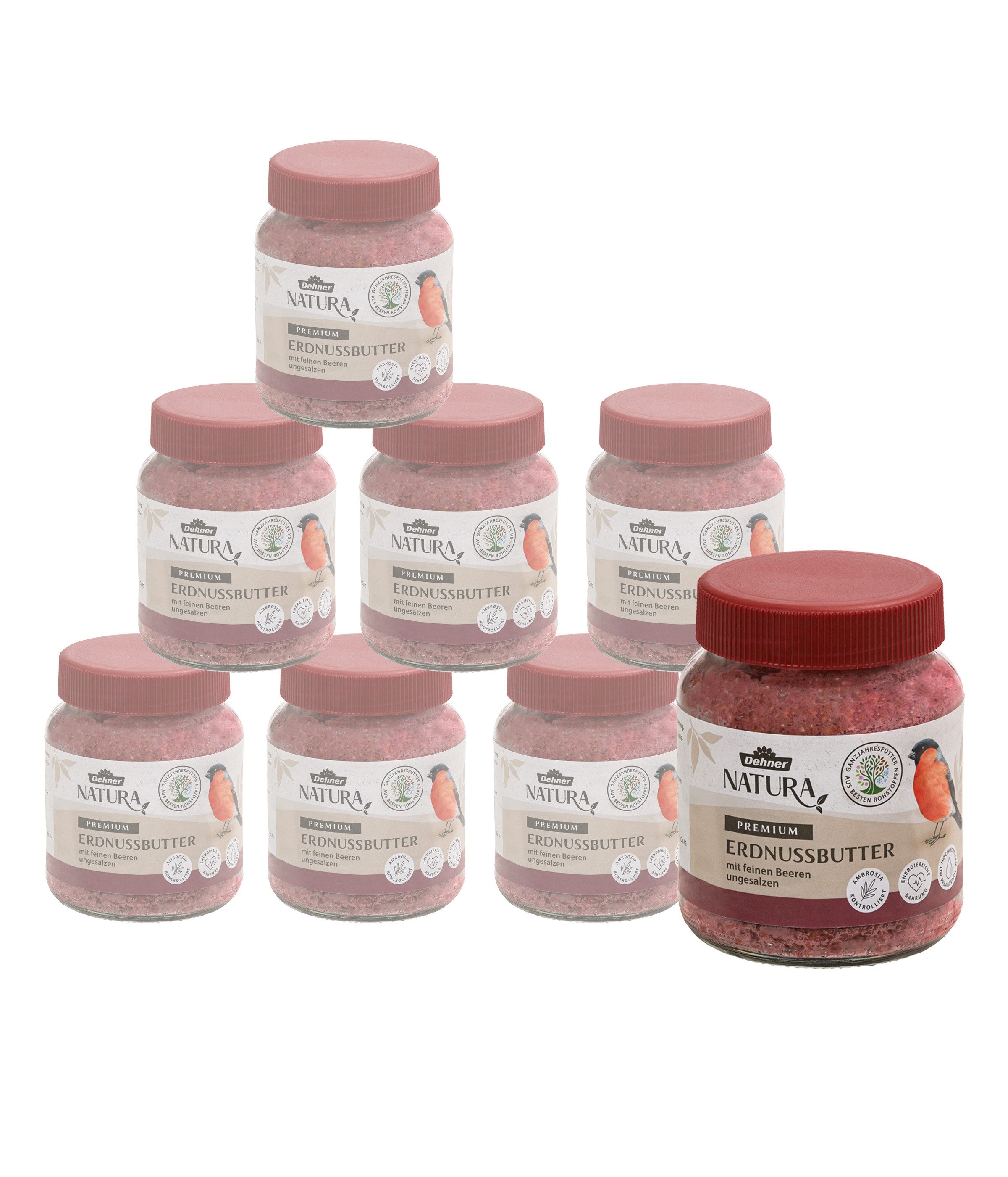 Dehner Natura Premium Erdnussbutter Beere im Glas, 8 x 340 g Erdnuss, Hauptfutter für: Wildvogel, Gartenvögel, Wildvogelfutter mit feinen Beeren, ungesalzen