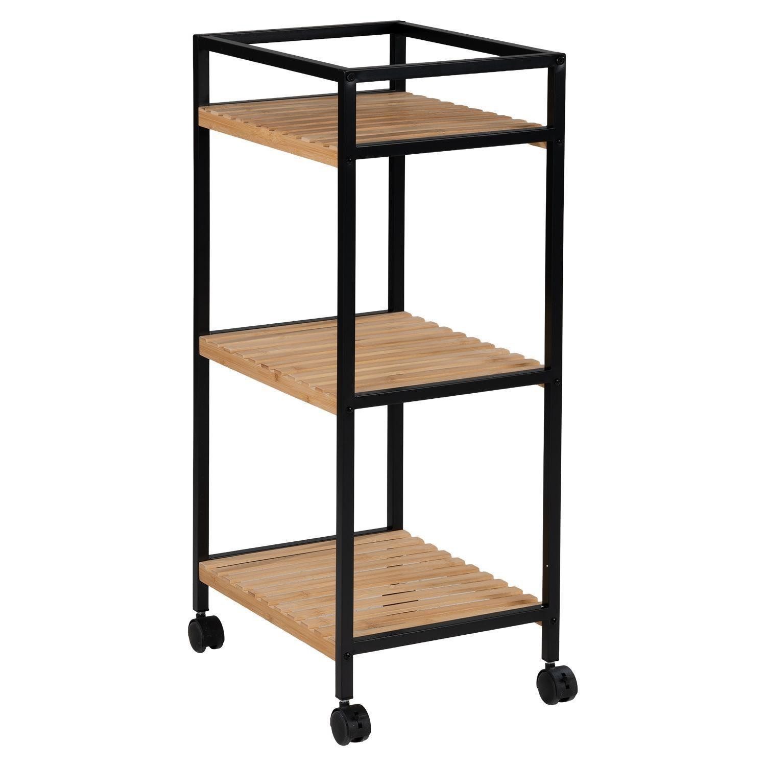 Rollwagen ROGER, Braun, Schwarz, Bambus, Metall, 3 Ablageflächen, mit Rollen, B 40 x H 80 x T 30 cm