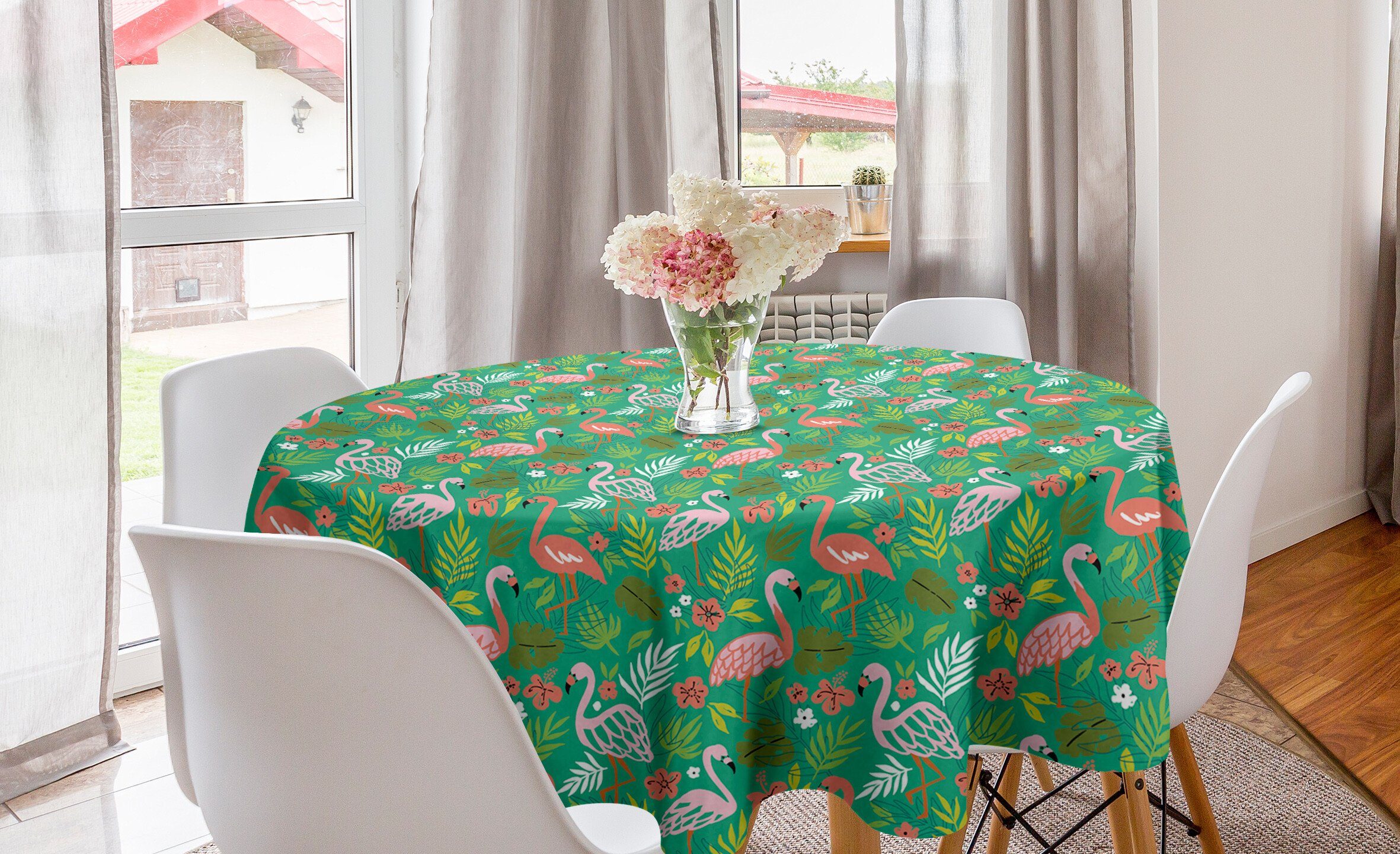 Abakuhaus Tischdecke Dekoration, Abdeckung Kreis Tischdecke Esszimmer Botanik für Karibik Tropisch Küche Flamingos