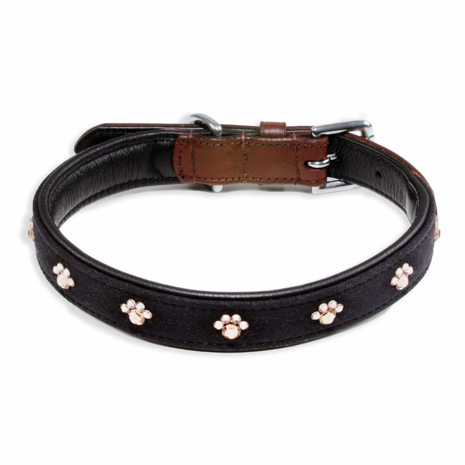 Monkimau Hunde-Halsband Hundehalsband aus Leder braun schwarz mit Pfoten glitzer Kristallen, Leder