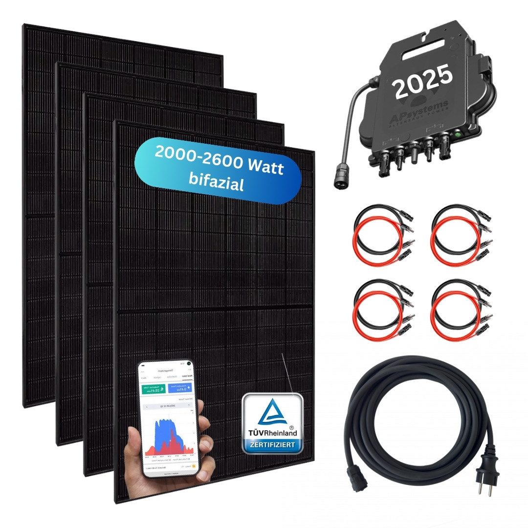 MyVoltaics Balkonkraftwerk MyBasic XXL Balkonkraftwerk 2000+ Watt, 2000 W, bifaziale Module (bis zu +30% mehr Modulleistung), (Set, 5-St., 4 Glas-Glas Solarmodule bifazial Wechselrichter steckerfertig), versandkostenfrei, einstecken. fertig.