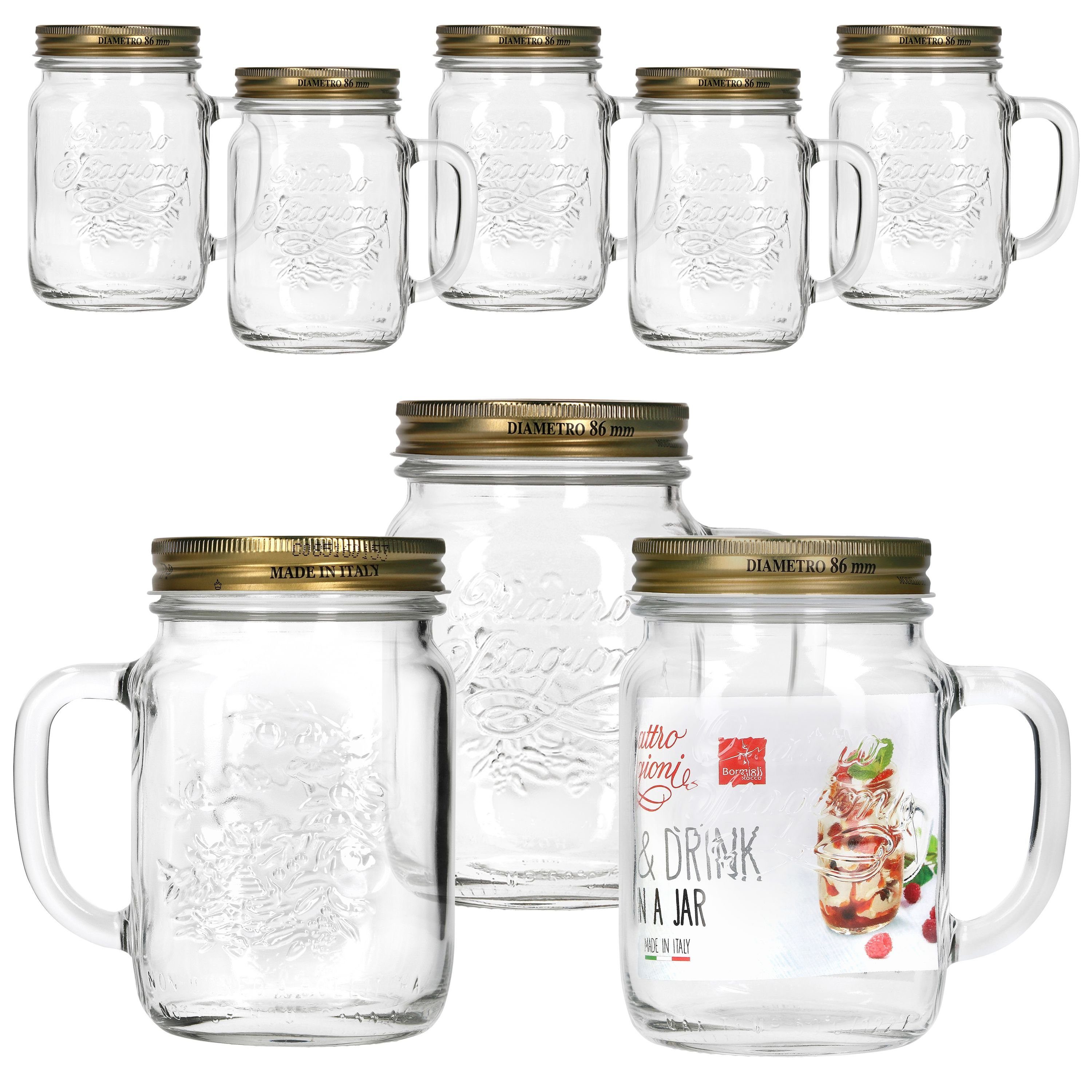 Bormioli Rocco Glas 8x Quattro Stagioni Henkel-Gläser 0,75L + Rezeptheft Cocktail-Glas, Glas