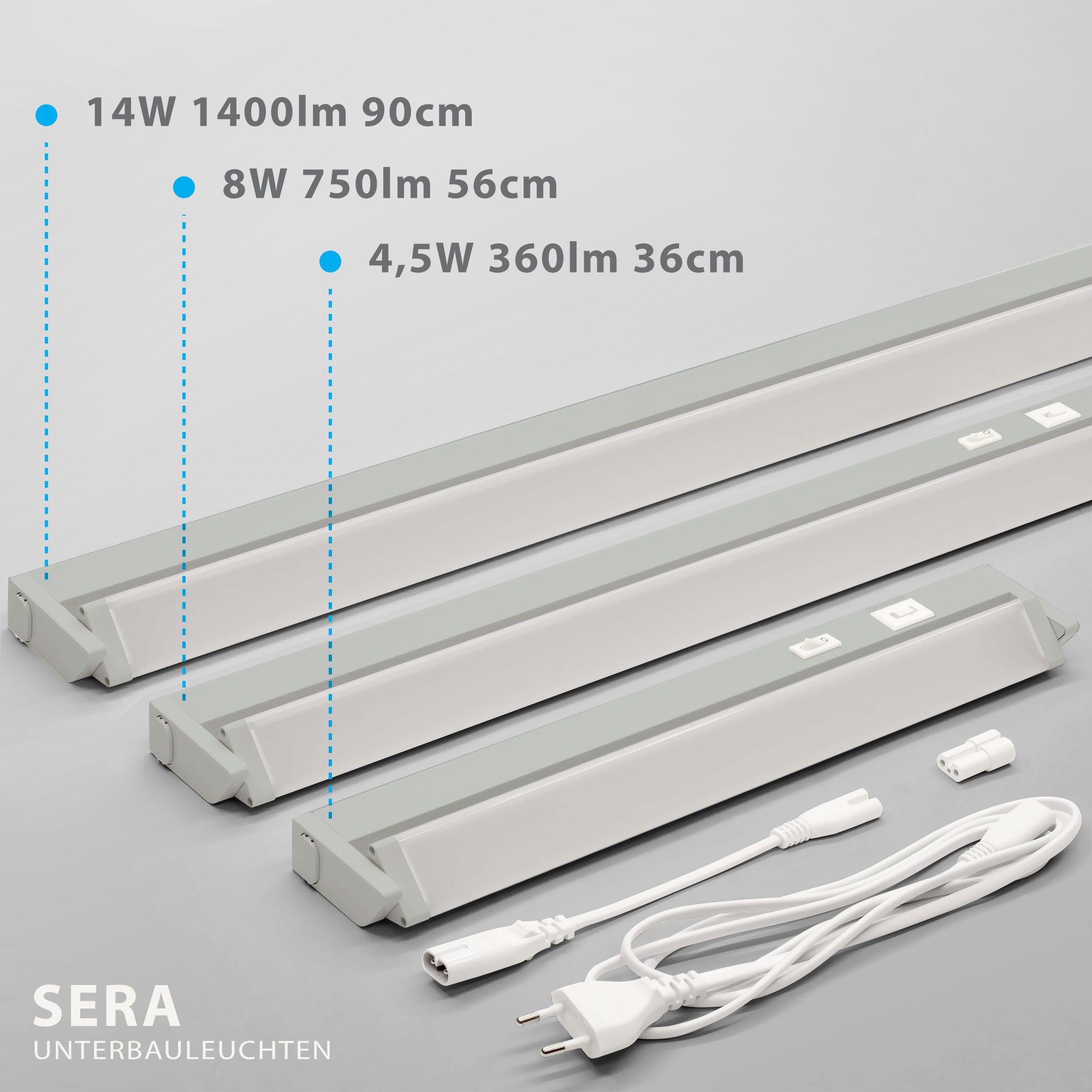 Maxkomfort LED Unterbauleuchte schwenkbar & 3-Stufen-Dimmfunktion - 36cm/56cm/90cm in Weiß/Grau, LED fest integriert, 3 Lichtfarben, Warmweiß/Kaltweiß/Neutralweiß, 3000K/4000K/6000K, Küchenleuchte 3-Stufen-Dimmbar, schwenkbar, 3 Lichtfarben, IP20