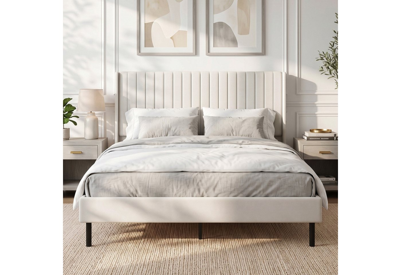 HOMCOM Bettgestell Polsterbett 140x200cm, Holland-Samt, gepolstertes Kopfteil, Beige (Set, 1-tlg., Bettgestell mit Lattenrost), Verstellbares Kopfteil, 15 cm Bodenfreiheit