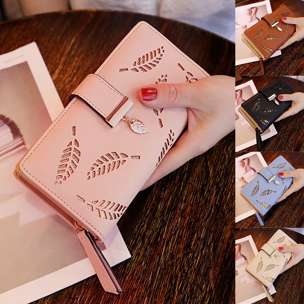 VIVIHEYDAY Brieftasche mit hohlem Blattmuster, Bifold-Leder, für Damen (lange Geldbörse, Reißverschluss, Handtasche), Knopf-Clutch Rosa