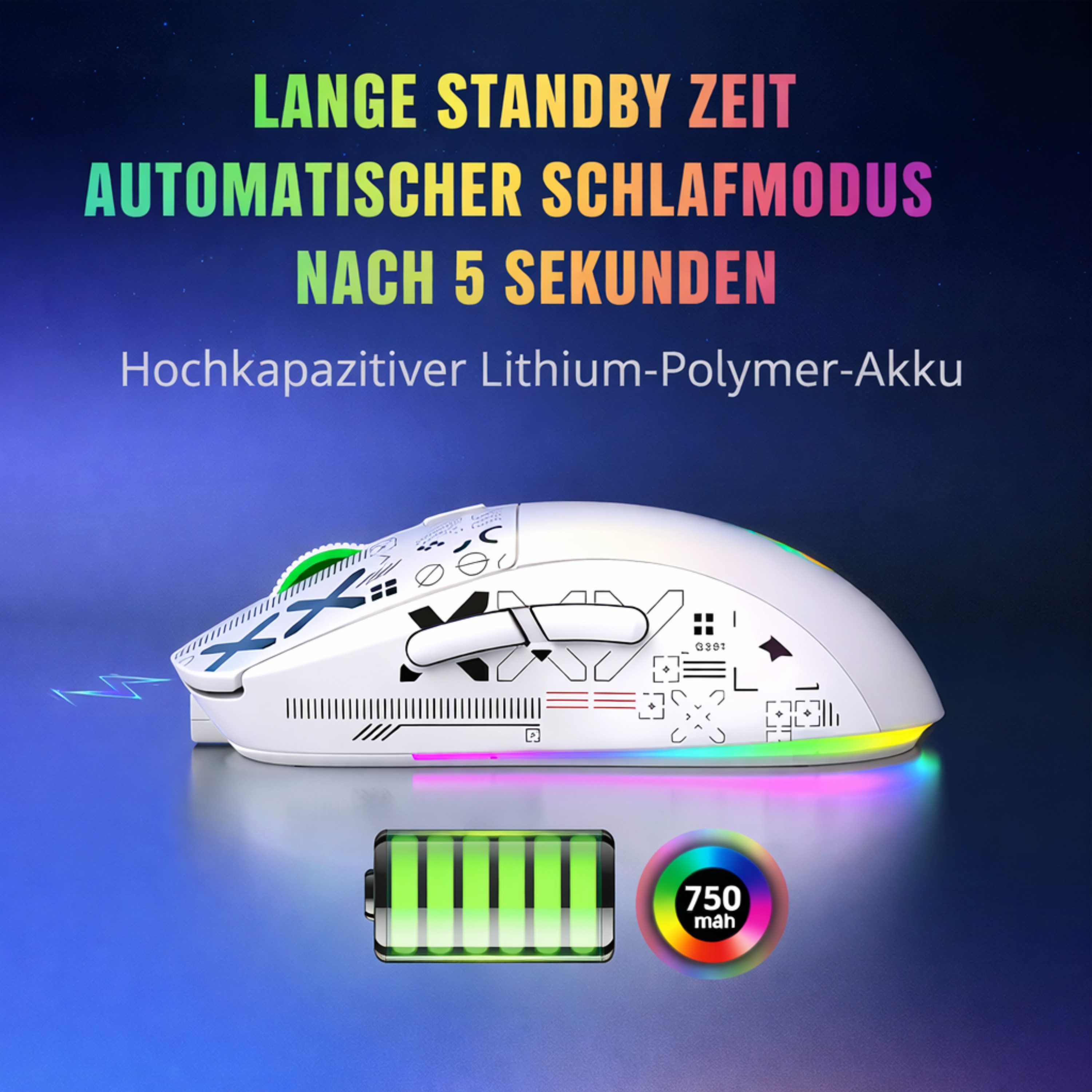 RUHE RGB Gaming Maus Kabellos Wireless Leise Maus Beleuchtung Plug & Play Gaming-Maus (Bluetooth, Funk, kabelgebunden, 3 Geräte Verbindung, Drahtlos, Optische M – Bild 5 von 5