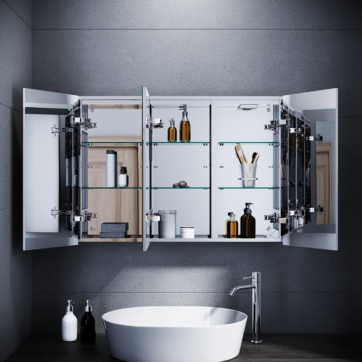 LED Spiegelschrank Edelstahl IP44 Badezimmer, spiegelschränke Beleuchtung Steckdose mit 3-türig Bad SONNI mit