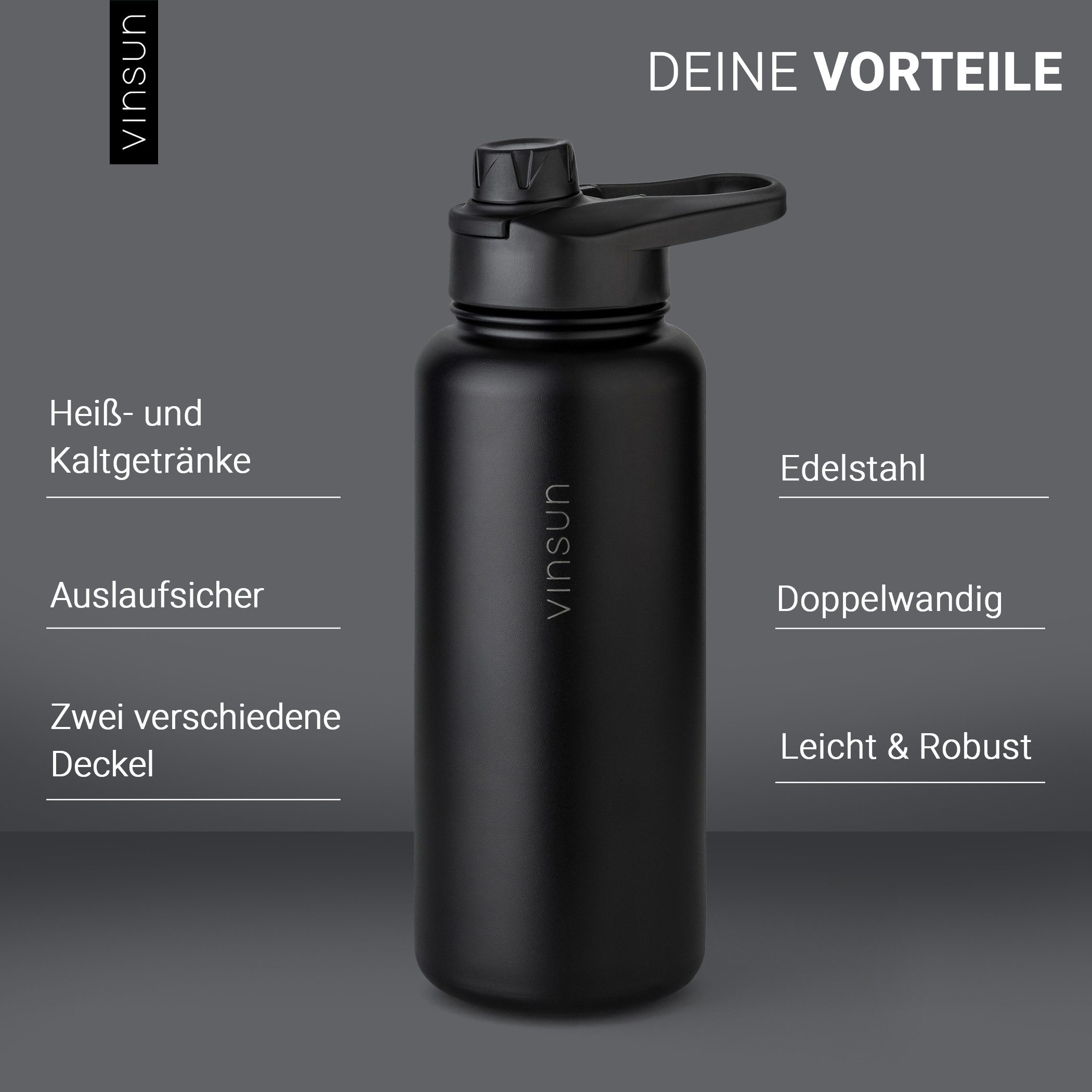 Vinsun Isolierflasche Edelstahl Trinkflasche 750ml Strohhalm - 2 Deckel Thermoflasche, BPA frei, doppelwandig, auslaufsicher, bruchsicher, geruchsneutral – Bild 4 von 5