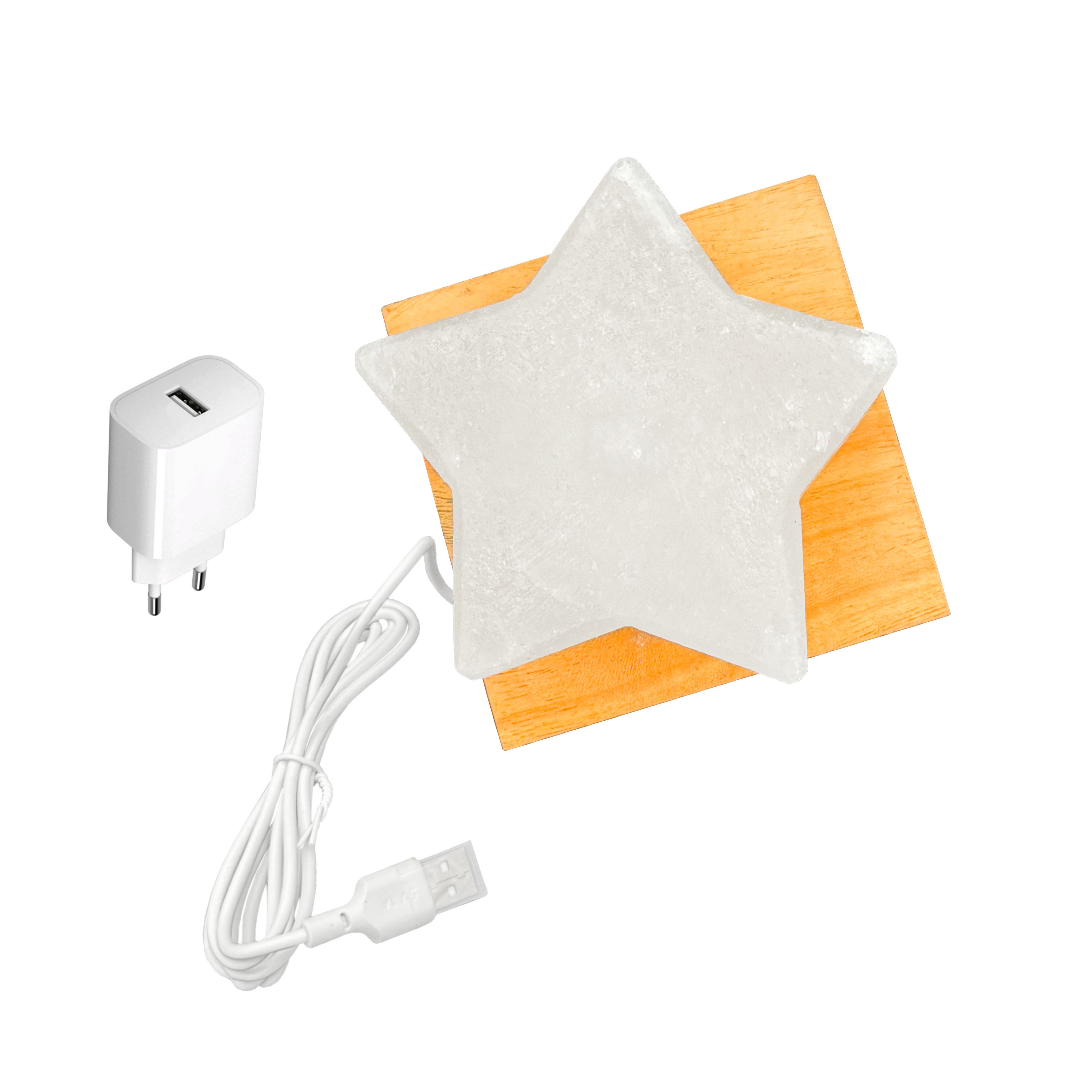 HAF LED Nachttischlampe LED Beleuchtete USB Salzlampe STERN Weiß Kristallsalz mit Holzsockel, LED, Weiß, Als Tischlampe für Büro & Schlafzimmer