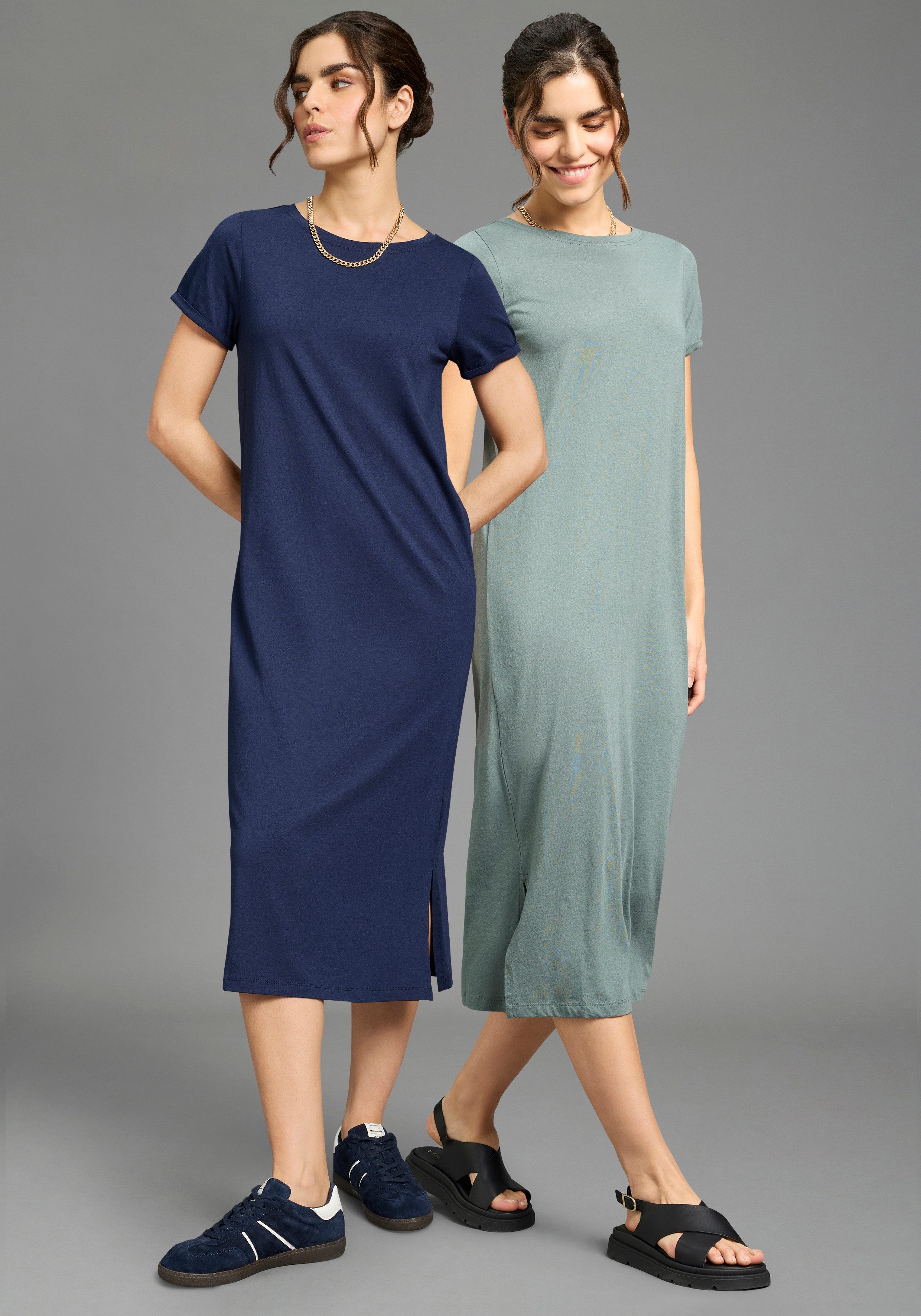 Flashlights Shirtkleid (2er-Pack) aus Single Jersey, bequeme Passform, mit Seitenschlitzen, wadenlang