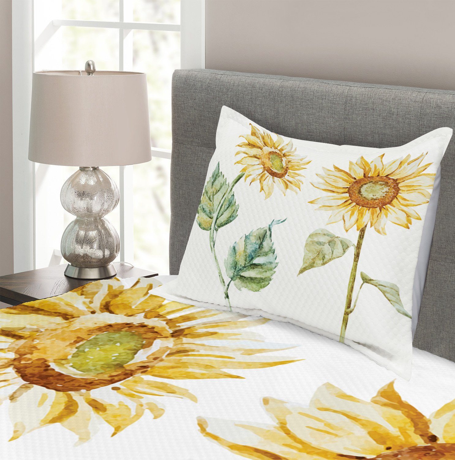 Tagesdecke Set Aquarell Abakuhaus, Anziehender Kissenbezügen Sonnenblumen Waschbar, mit