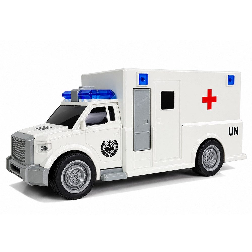 LEAN TOYS Spielzeug-Krankenwagen Rettungswagen Notarztwagen Einsatzfahrzeug, (Spar-Set, 1-tlg., 19,5 x 7 x 8,5 cm leicht), Licht & Sound, Friktionsantrieb, Gummiräder, 1:20