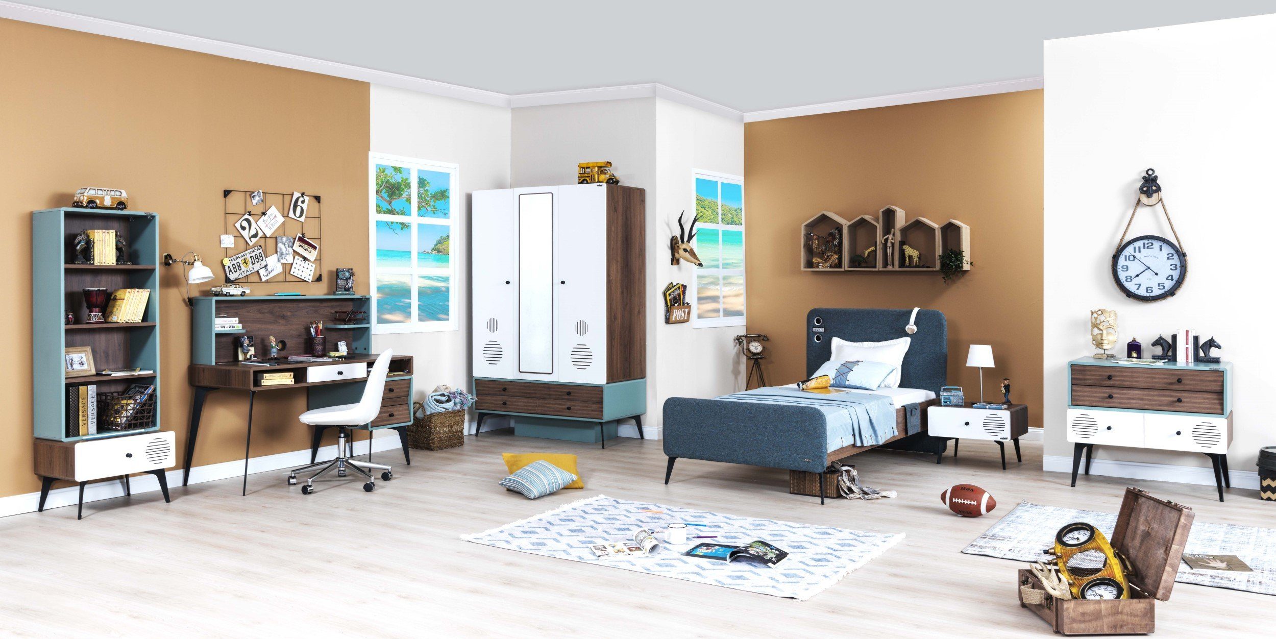 Möbel-Lux Jugendzimmer-Set Atom Lajivert, (6-St., Jugendbett, Kleiderschrank, Schreibtisch, Bücherregal), Komplett Set