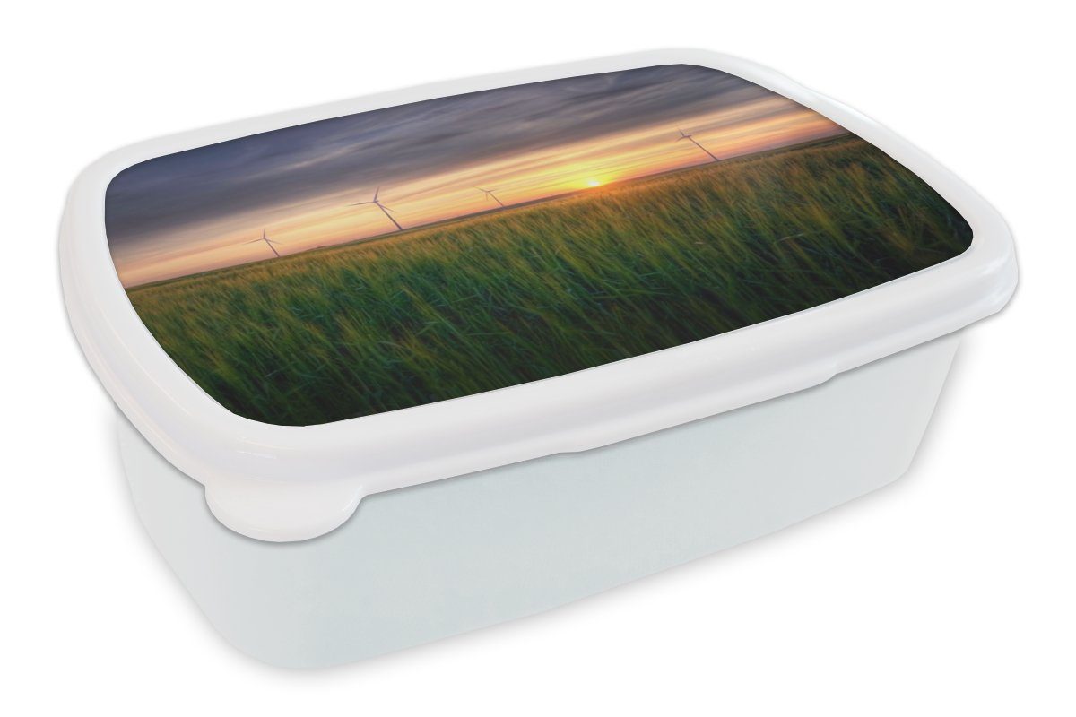MuchoWow Lunchbox Windmühle - Sonne - Gras, Kunststoff, (2-tlg), Brotbox für Kinder und Erwachsene, Brotdose, für Jungs und Mädchen weiß