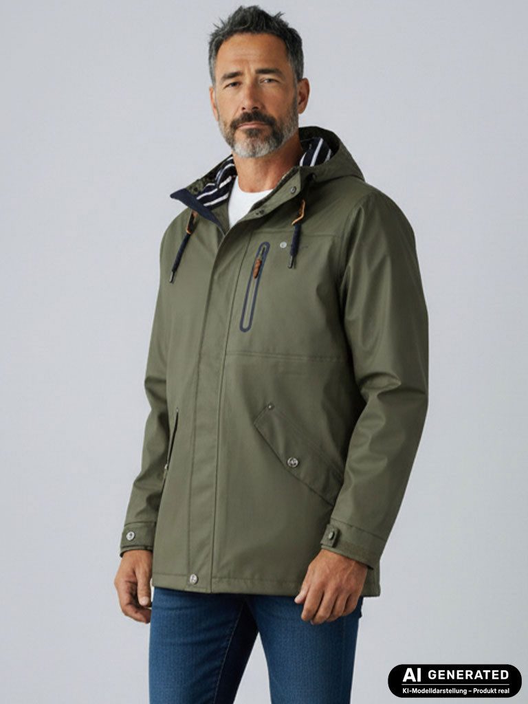 Dry Fashion Regenjacke Lübeck Herren PU-Parka - Outdoor-Jacke Mantel Wasserdicht & Winddicht Verschweißte Nähte, Verstellbare Kapuze, Abgedeckter Reißverschluss
