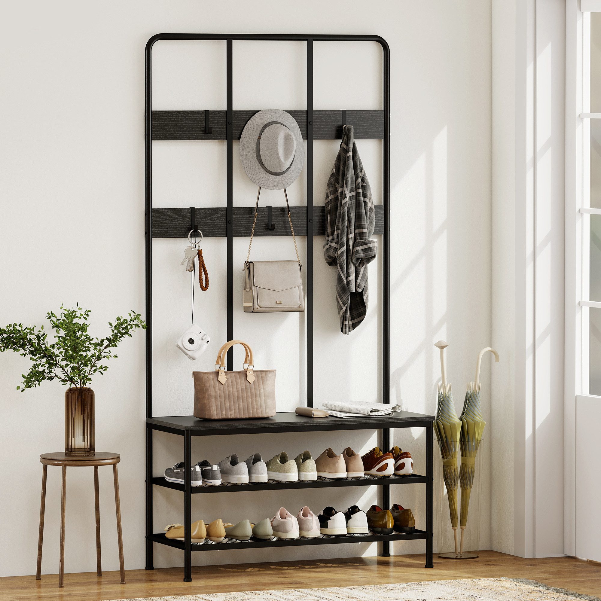 HOMCOM Garderobenständer Kleiderständer mit Schuhbank, Garderobe mit 6 Haken, (Jackenständer, 1 St., Garderobe), für Eingangsbereich, Flur, Schlafzimmer, Schwarz