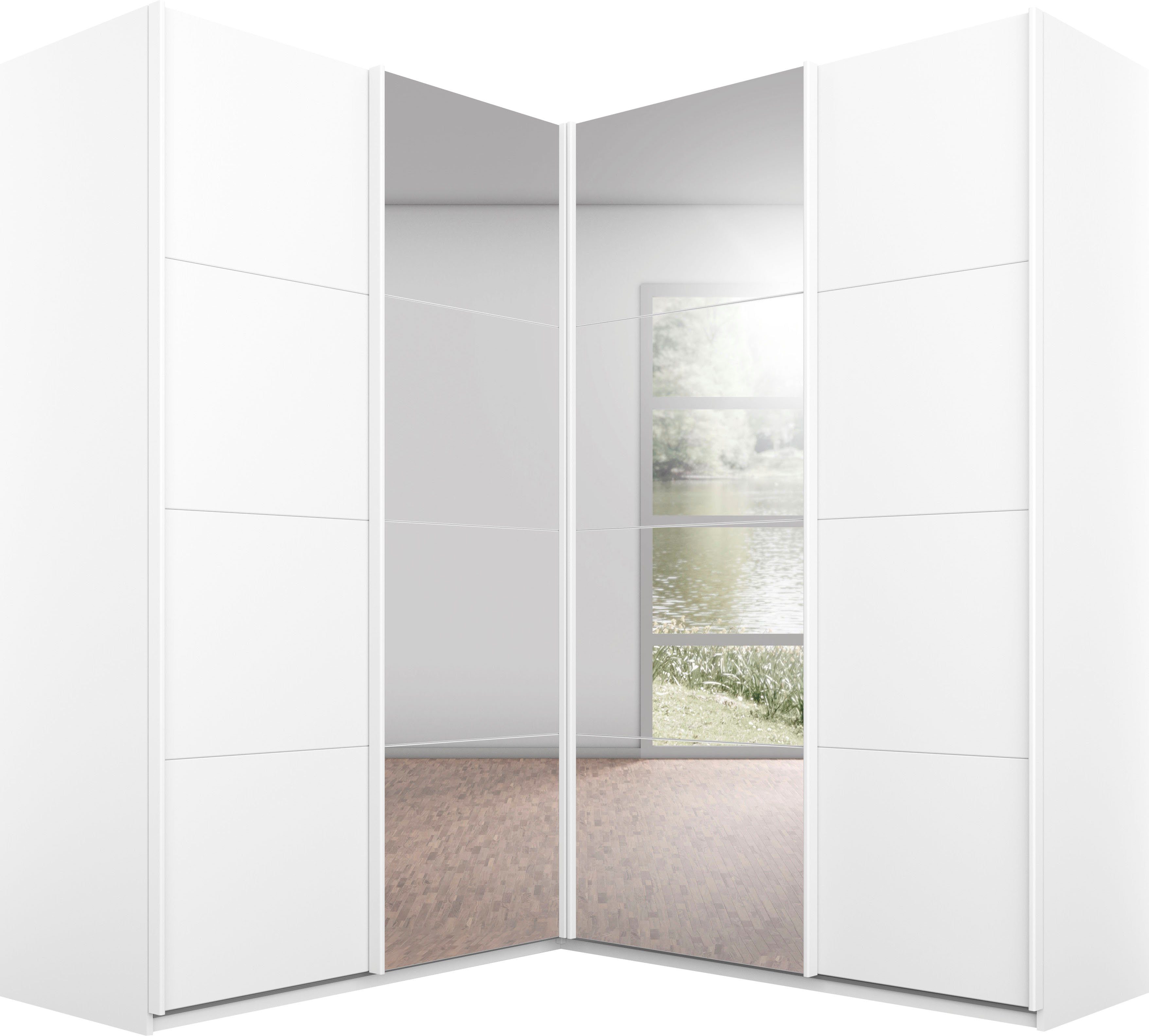 rauch Schwebetürenschrank Schrank Garderobe Eckkleiderschrank QUADRA Front in Dekor/Hochglanz (in den Höhen 210/229 cm, inkl. Soft-Close-Funktion) großer Eckschrank mit viel Stauraum, Maß 181x187 cm MADE IN GERMANY