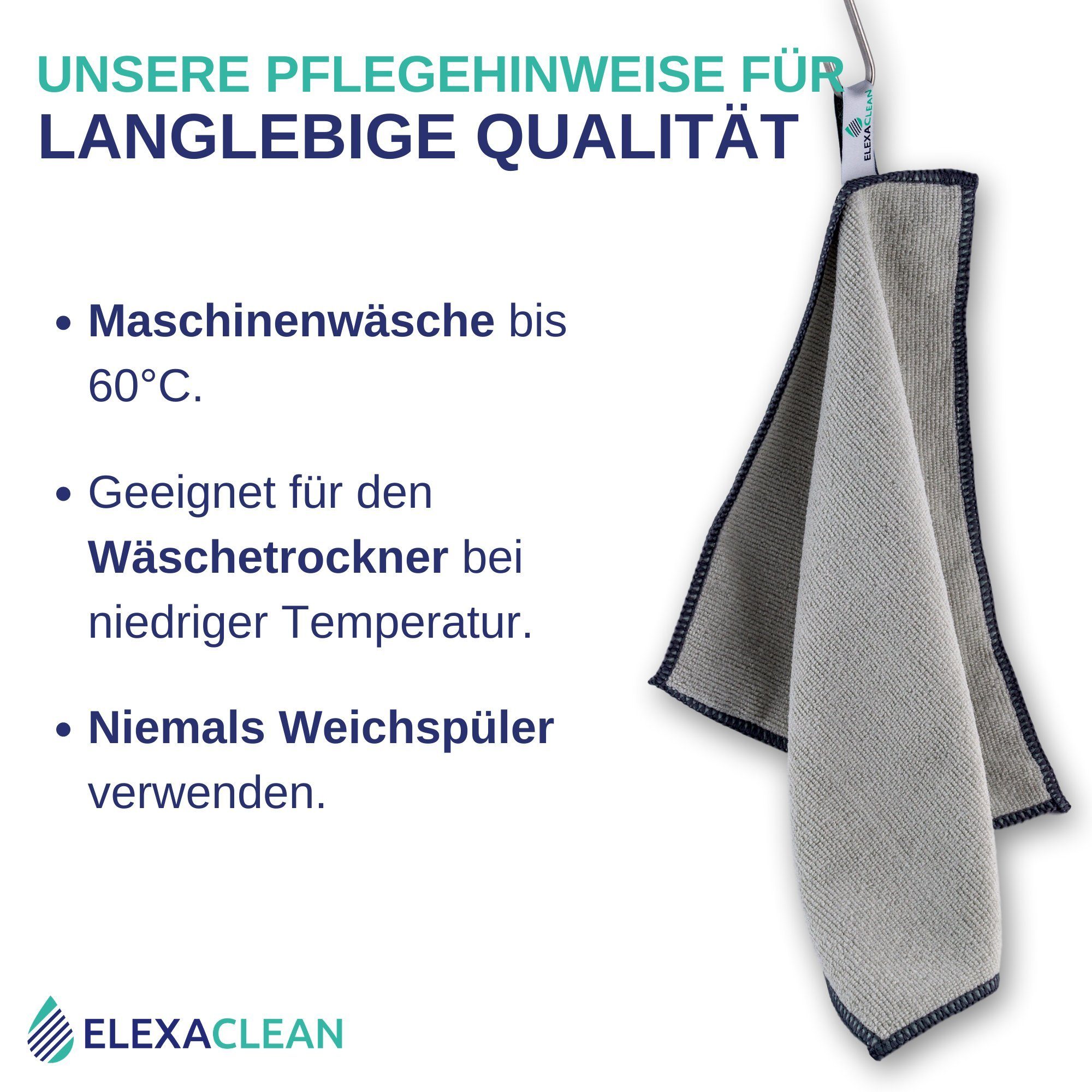 ELEXACLEAN Universal Reinigungstücher Mikrofasertuch (Set, 12-tlg., saugfähig) streifenfrei, Grau cm, 30x30 fusselfrei